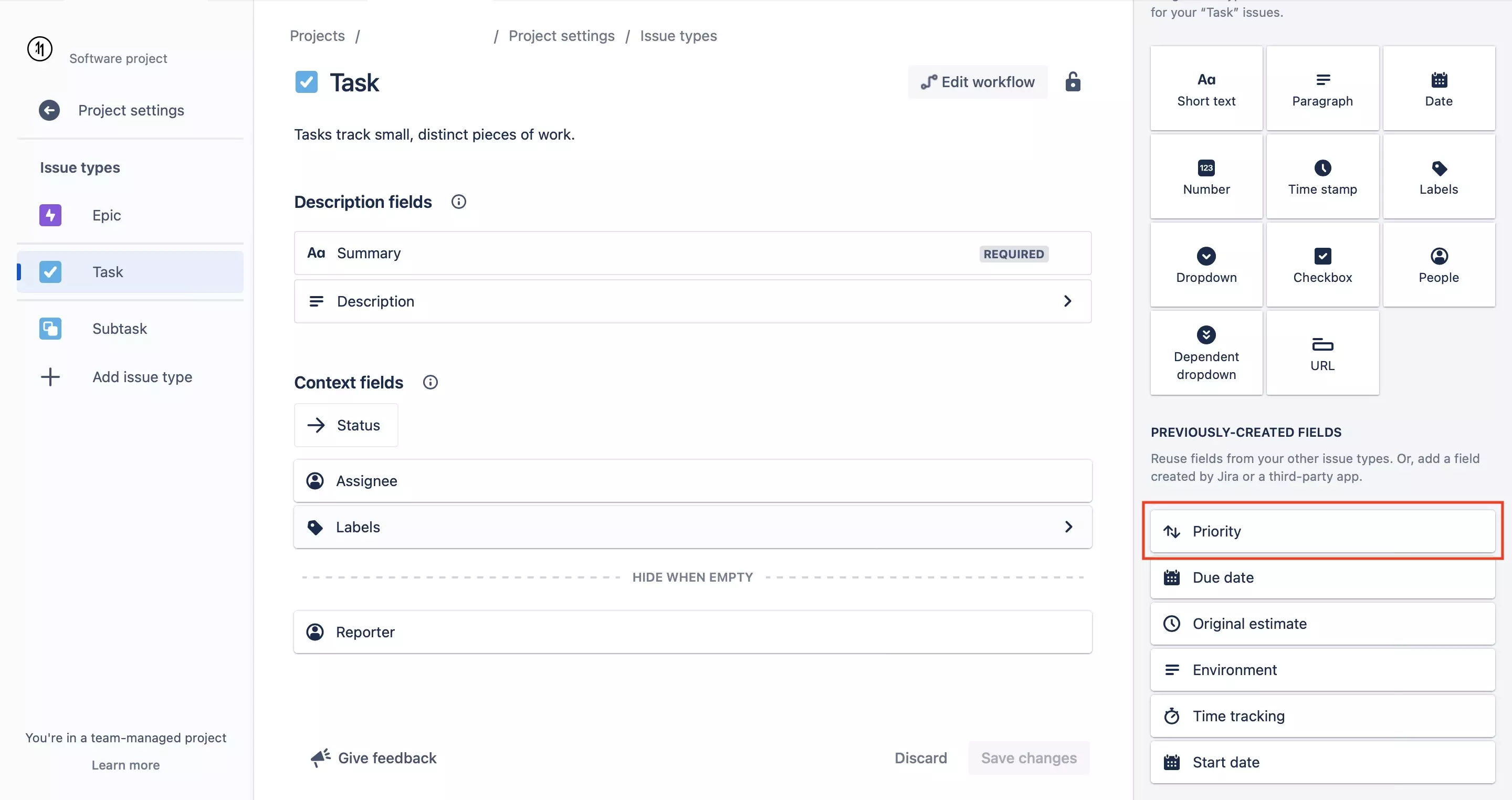 A screenshot of JIRA showing you where priority is found within the Task Issue Type.