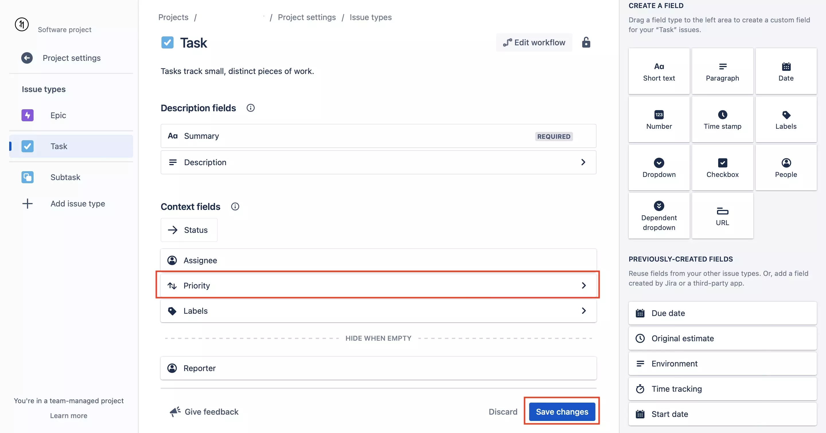 A screenshot of JIRA of the Task Issue type with Priority applied to the context fields. Save Changes is highlighted on the bottom right of the screen.