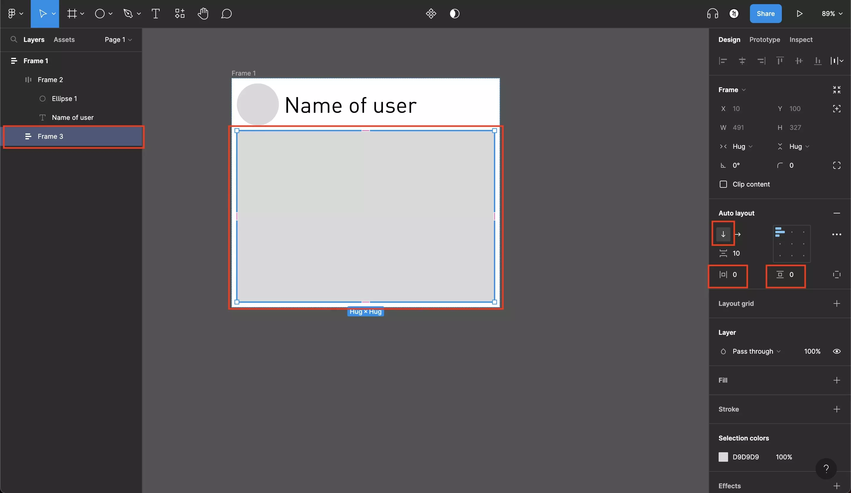 A screenshot of Figma showing the bottom section converted to auto layout along with highlights on the changes in parameters, which are described below.
