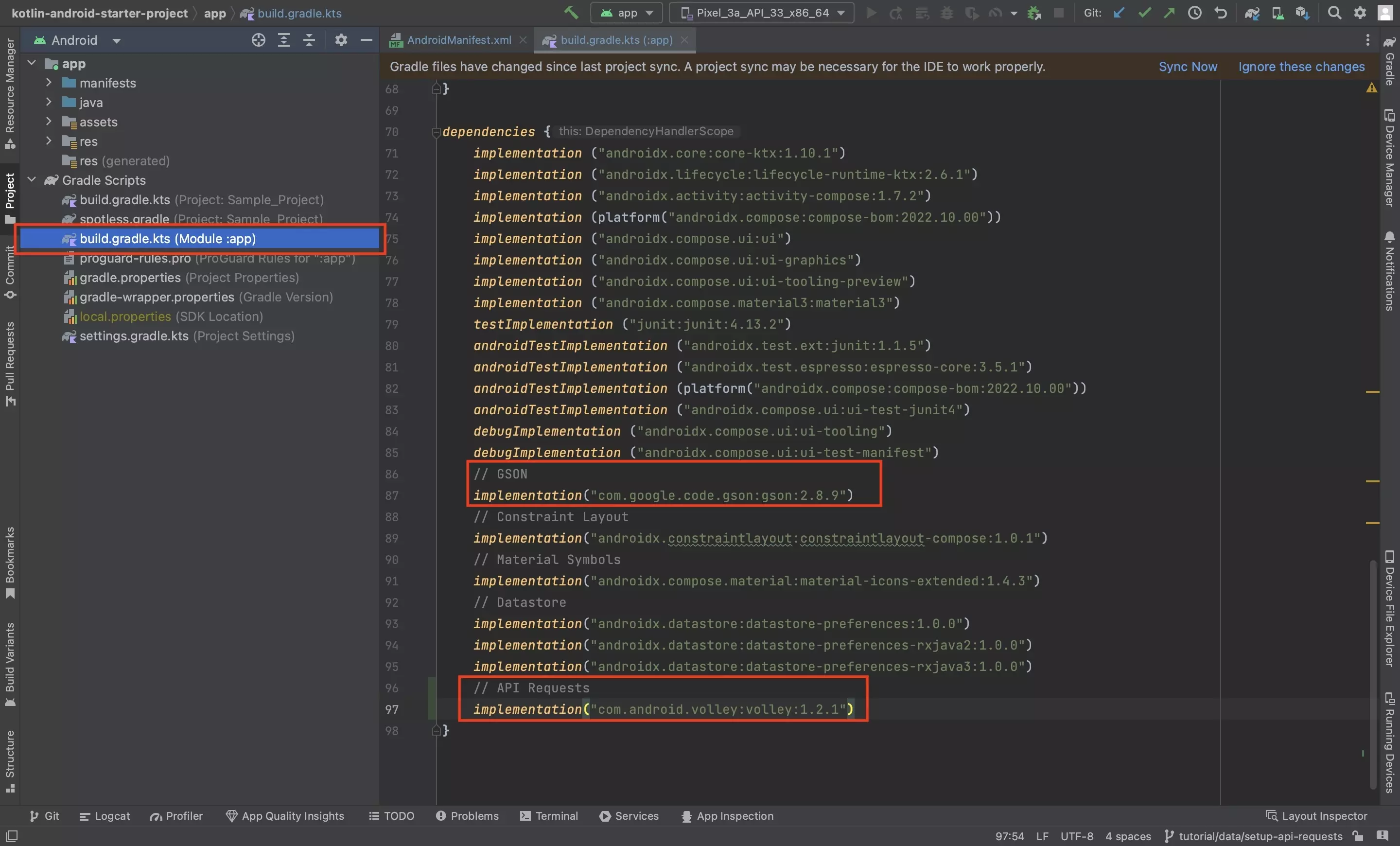 A screenshot of Android Studio showing the app level build.gradle.kts file. We have highlighted the dependencies that are described below.