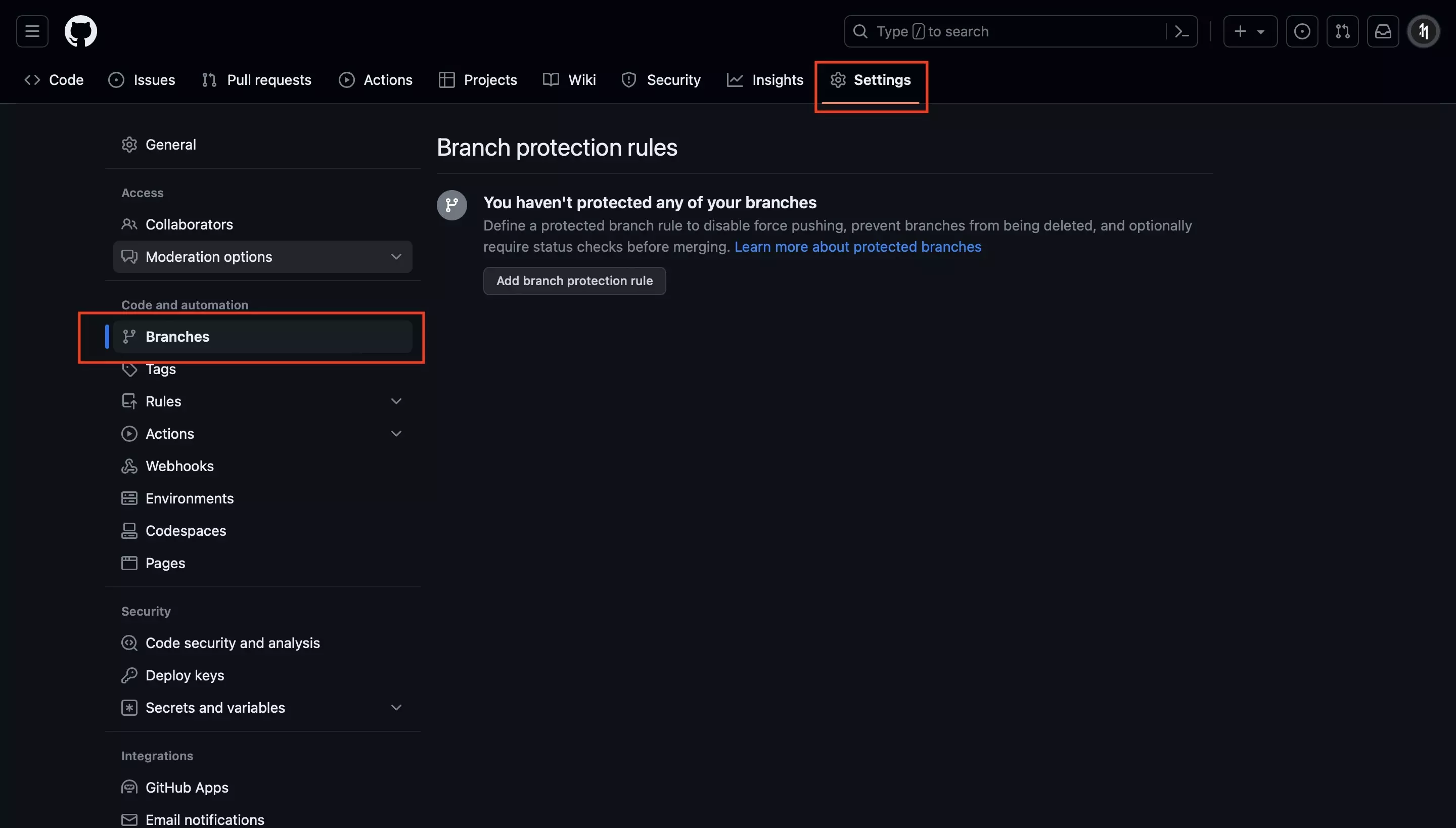 A screenshot of Github showing the branch protection rules page. This can be accessed by selecting the "branches" menu option within the repository settings page.