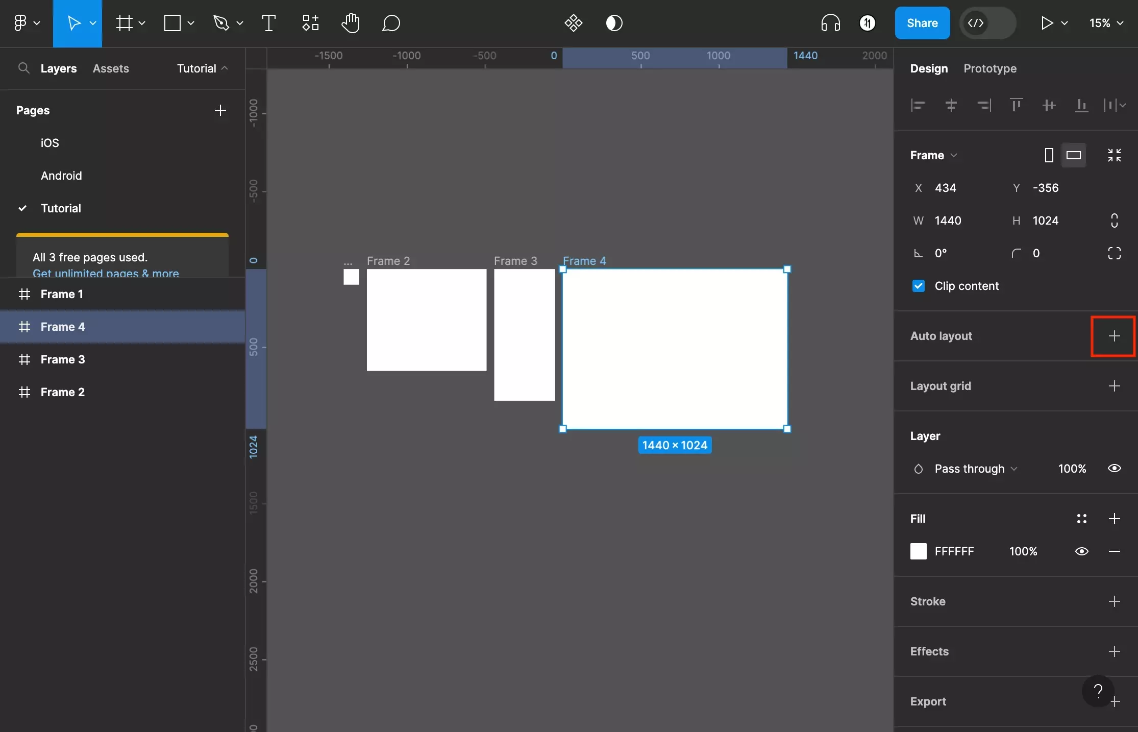 A screenshot of Figma showing you how to turn on Auto Layout. Highlighted on the right sidebar is the "+" next to "Auto Layout" click it to activate auto layout. Alternatively, press Shift + A on your keyboard.