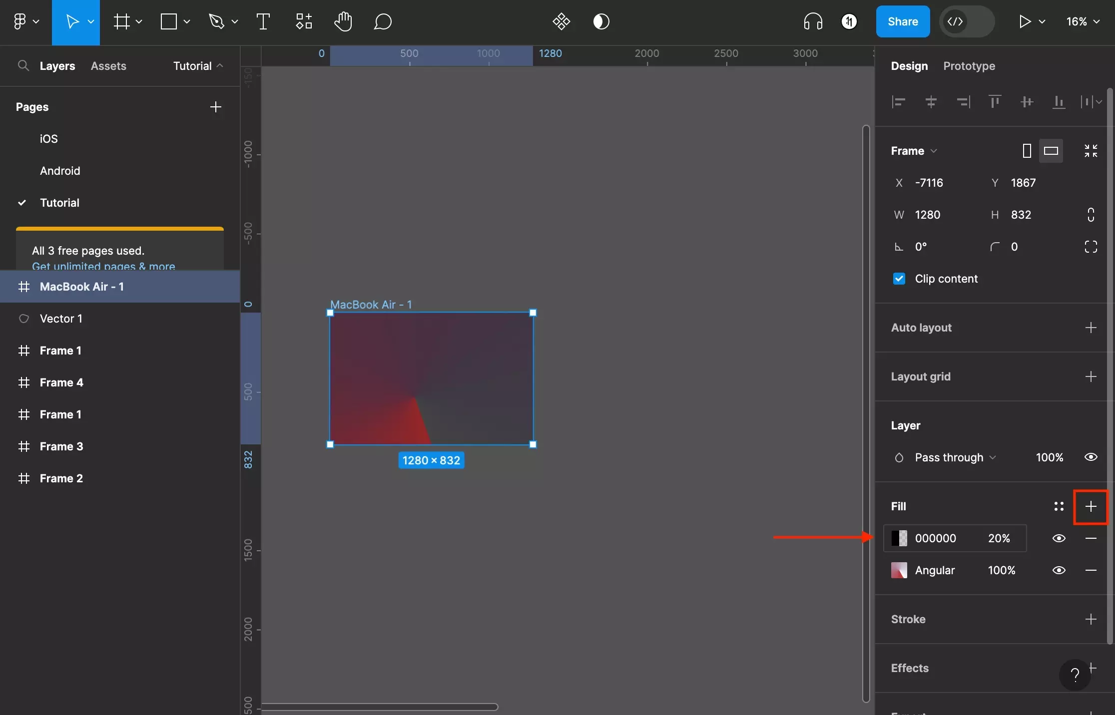 A screenshot of Figma that shows you how to frame that has been selected. Highlighted on the right menu side bar is the + under the fill section. If you press it a new color will appear, you can configure it to be a gradient, by following the prior steps.