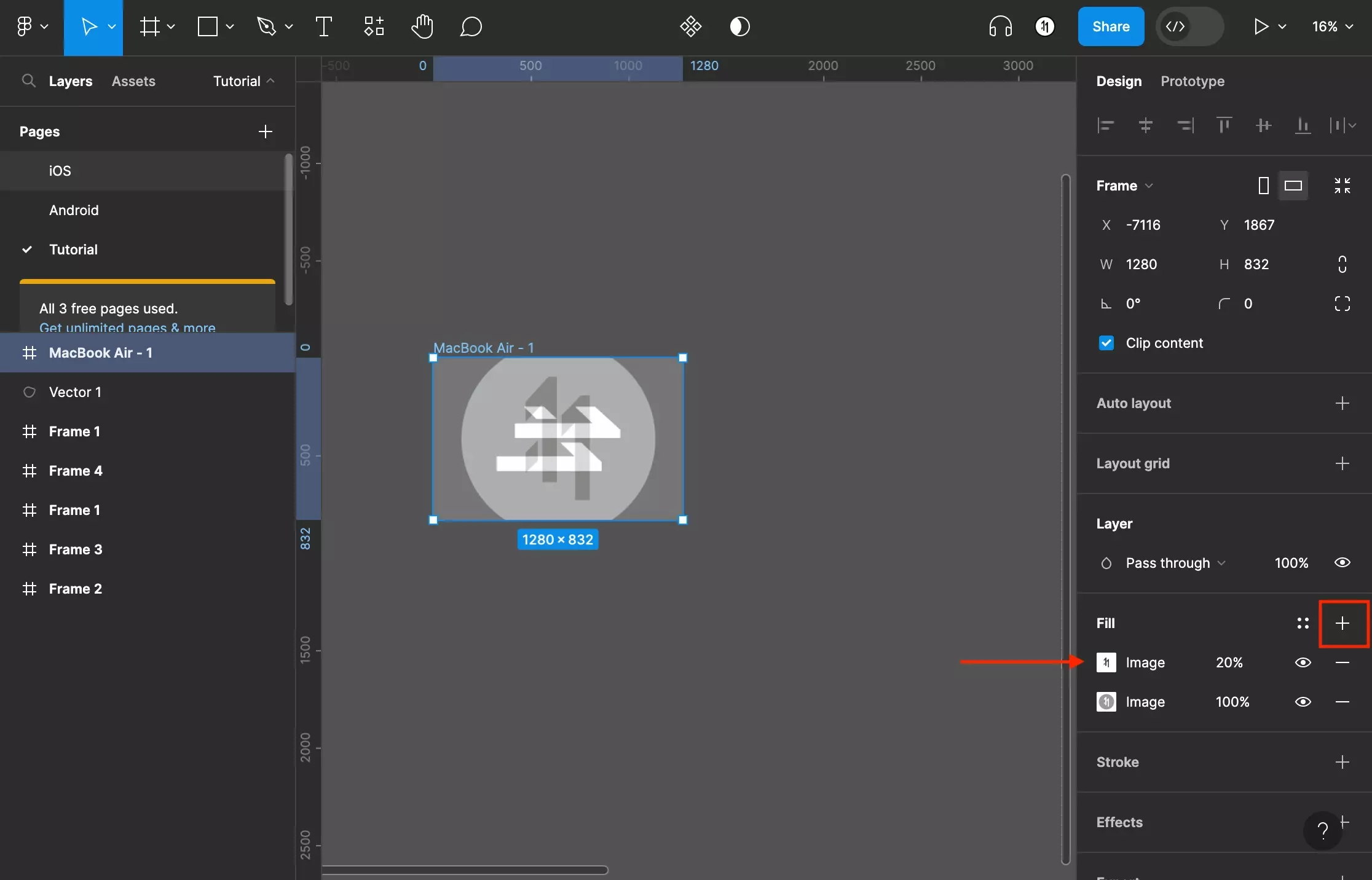 A screenshot of Figma that shows you how to frame that has been selected. There are two background images. To add another image, select the + next to fill and follow the steps above. It will add another row to the colors under fill.