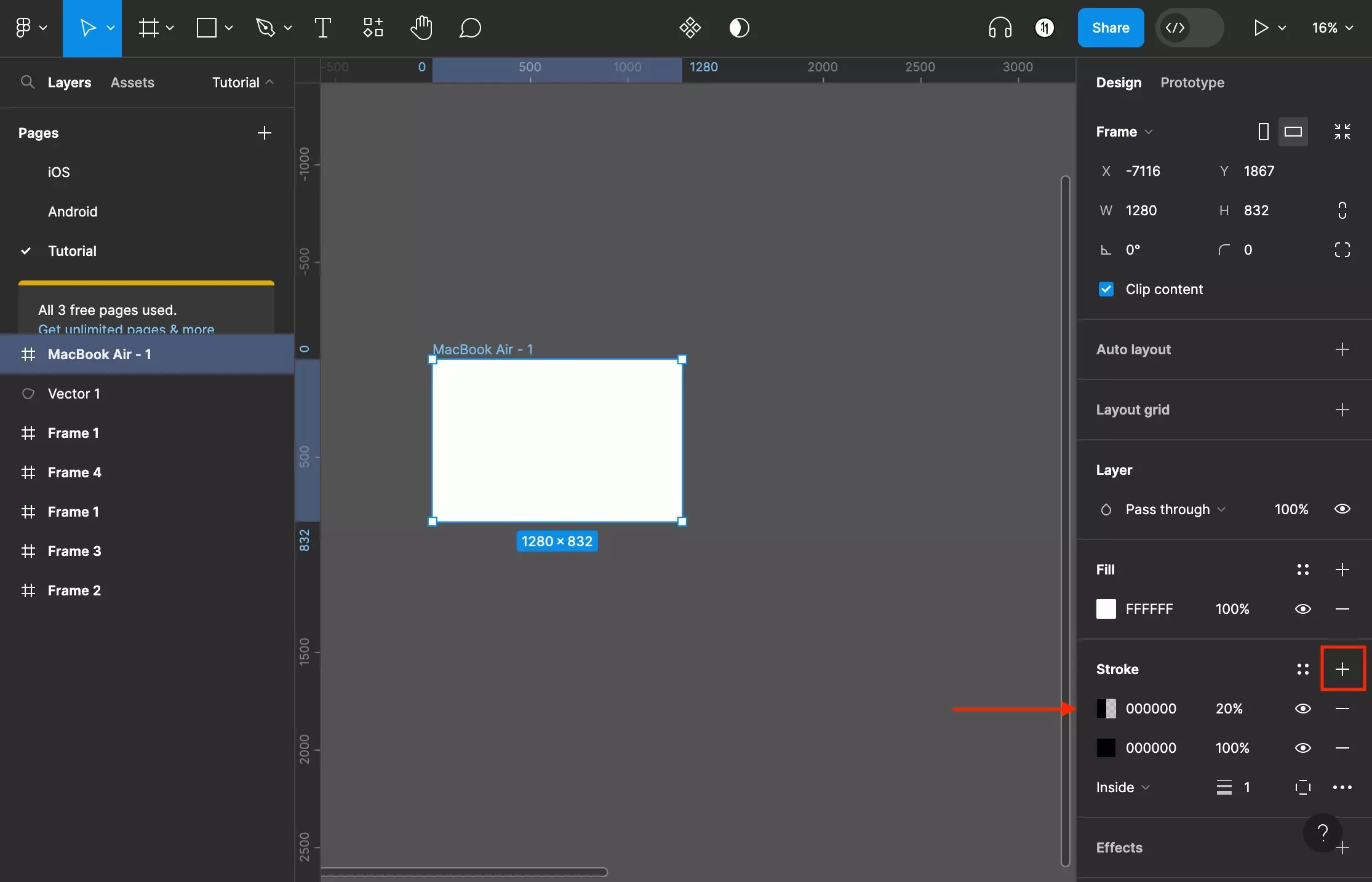 A screenshot of Figma that shows you a frame that has been selected. We have added a stroke and have highlighted how to add another stroke color. This can be done by pressing the + button on the right menu side bar, in the stroke section.