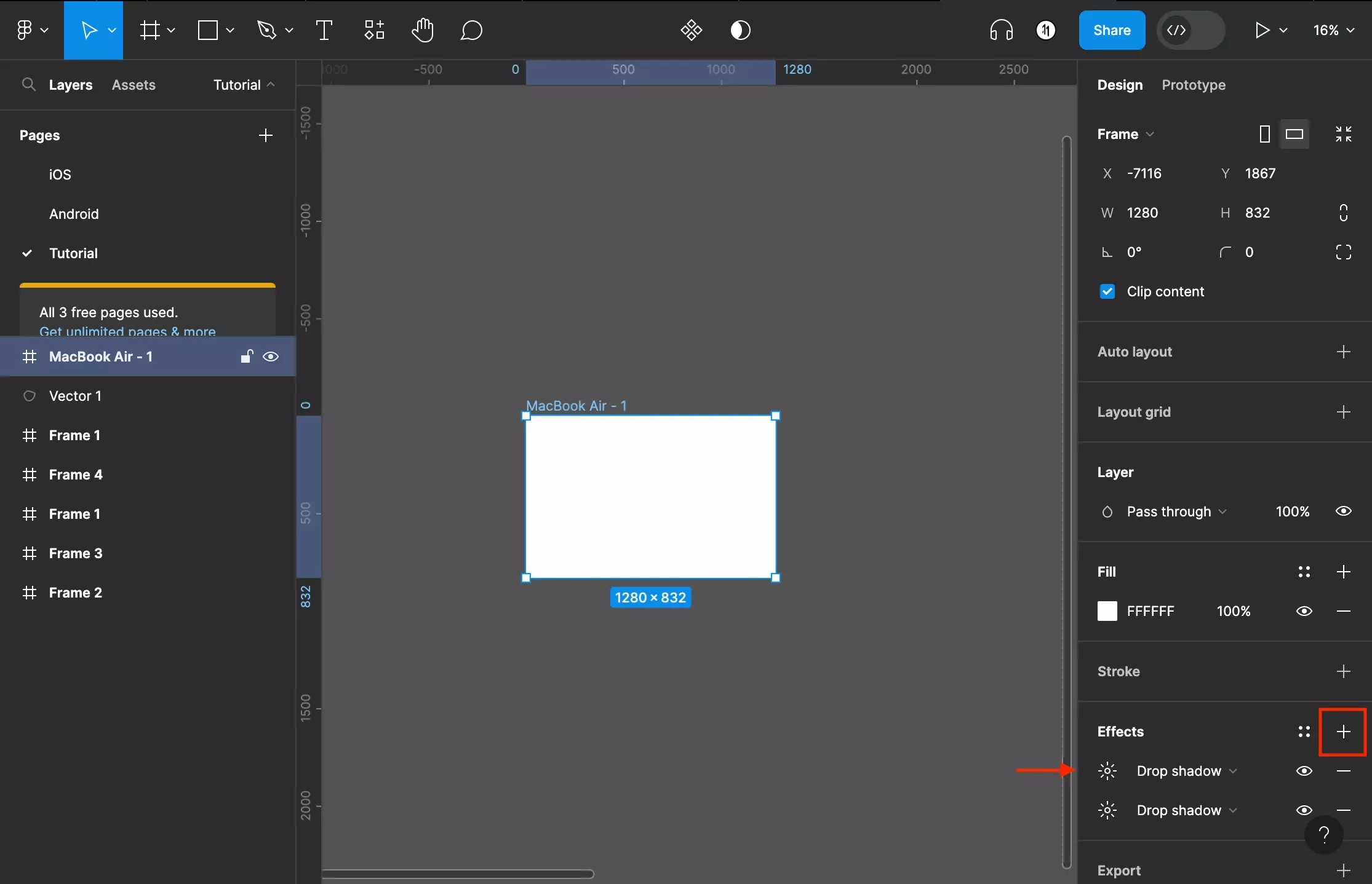 A screenshot of Figma that shows you a frame that has been selected.  The right menu side bar shows that two effects have been added. We have highlighted that you can add another effect by pressing the + in the effects section.