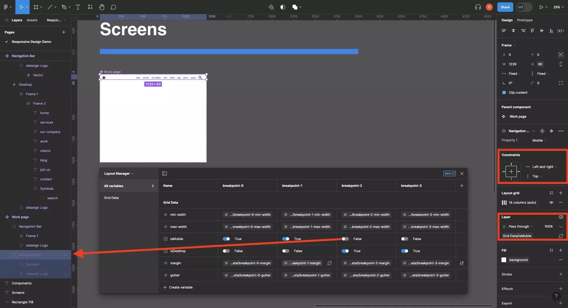 A screenshot of Figma highlighting how we have created two isMobile and isDesktop boolean variables within our design system which varies depending on the breakpoint. We have also highlighted how the layer visibility of each navigation bar is tied to a variable (i.e. the desktop navigation bar only shows if isDesktop is true and the mobile navigation bar only shows if isMobile is true).