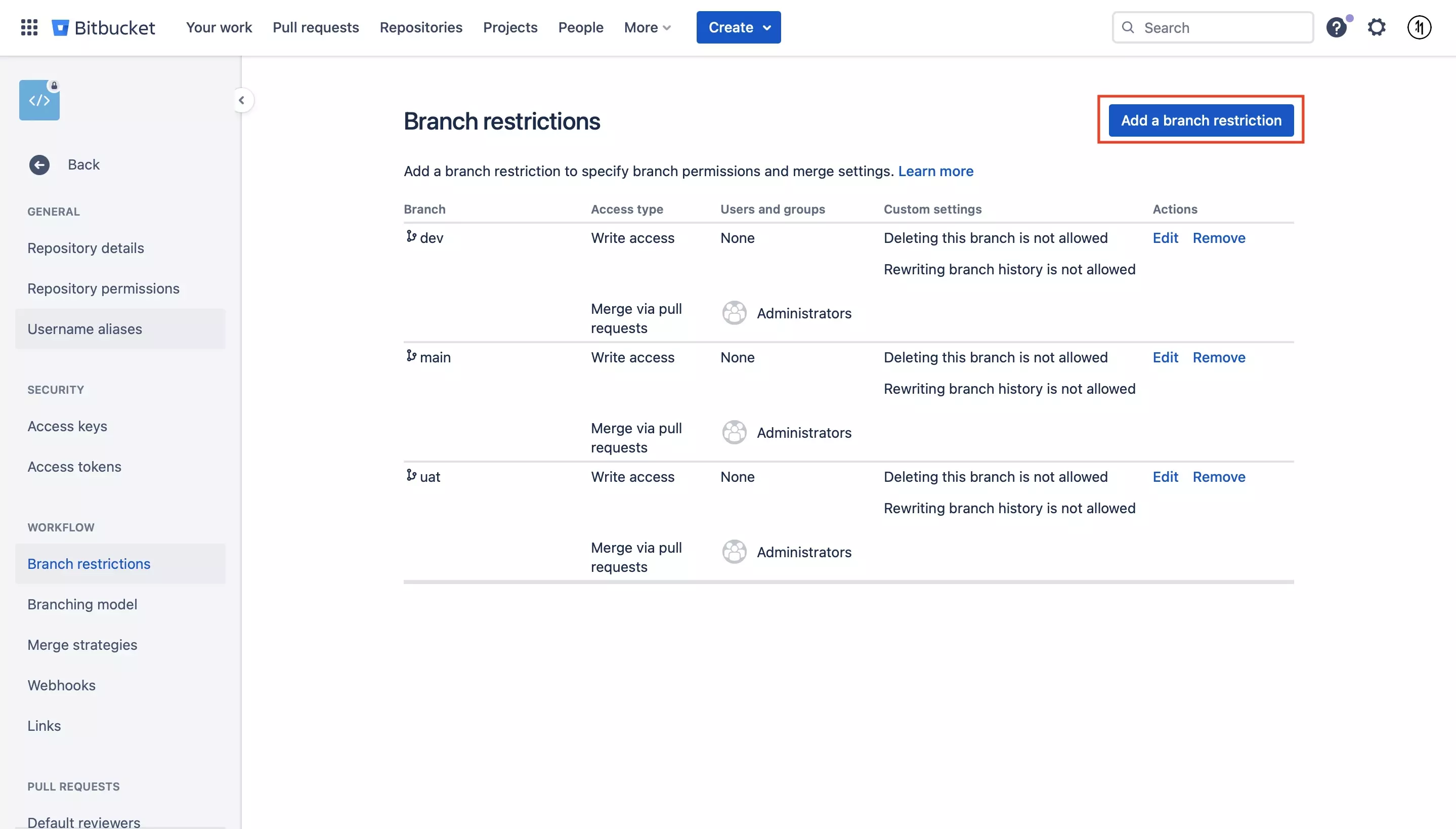 A screenshot of Bitbucket on the Branch Restriction screen. There are three branch restrictions being displayed. The Add Branch Restriction button now appears on the top right of the screen.