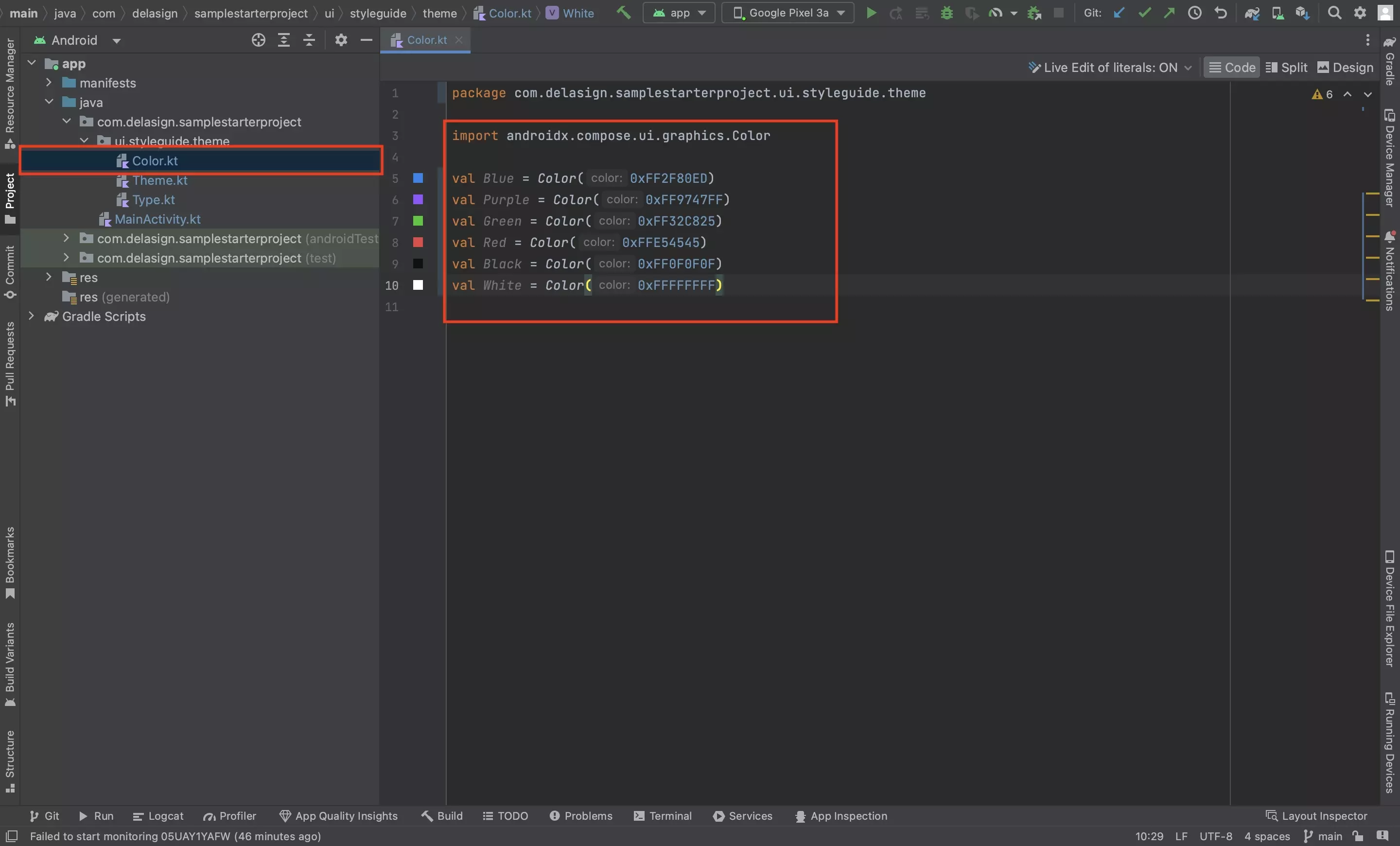 A screenshot of Android Studio showing the addition of Custom Colors from our e-commerce Figma Template.