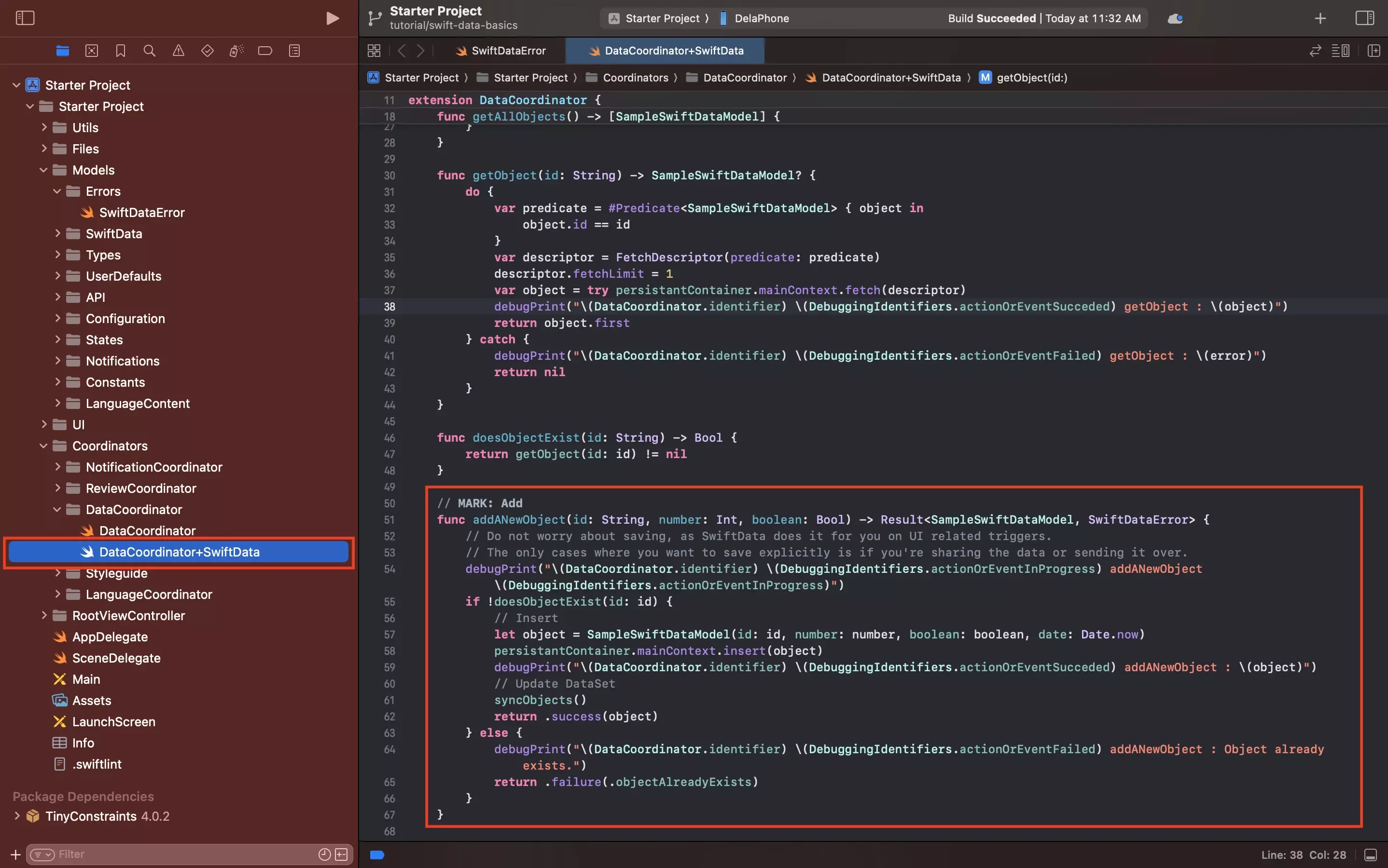 A screenshot of Xcode showing the sample functionality that adds a new SwiftData object to a persistent container. The code snippet is available below.