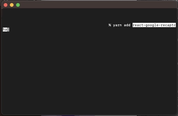 A screenshot of Terminal showing you how to add the react-google-recaptcha package.
