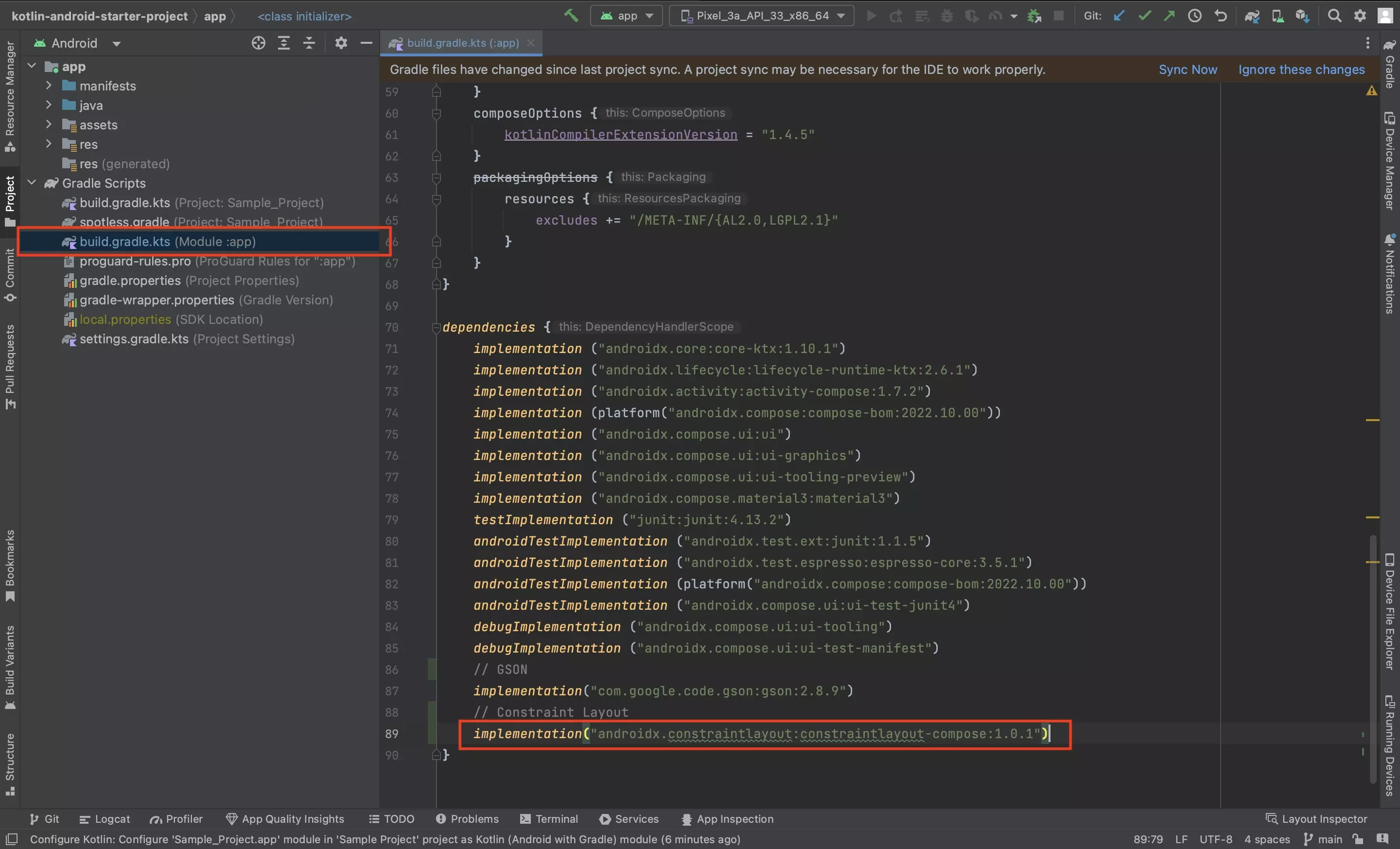 A screenshot of Android Studio showing the app level build.gradle.kts. We have highlighted how to implement the constraintlayout dependecy. The code is available below.