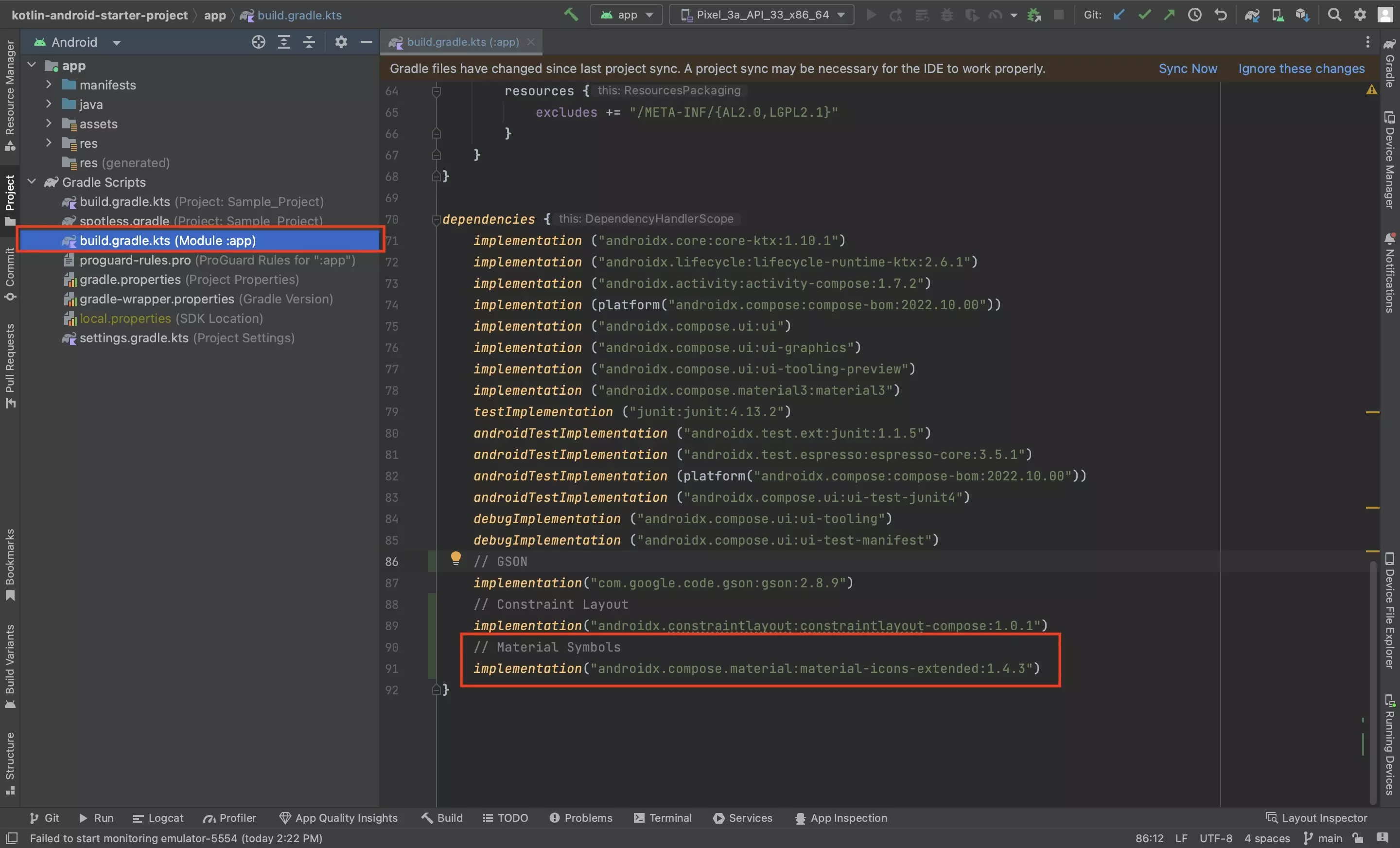 A screenshot of Android Studio showing the App Level build.gradle.kts file. Highlighted is the new dependency, whose code is provided below.