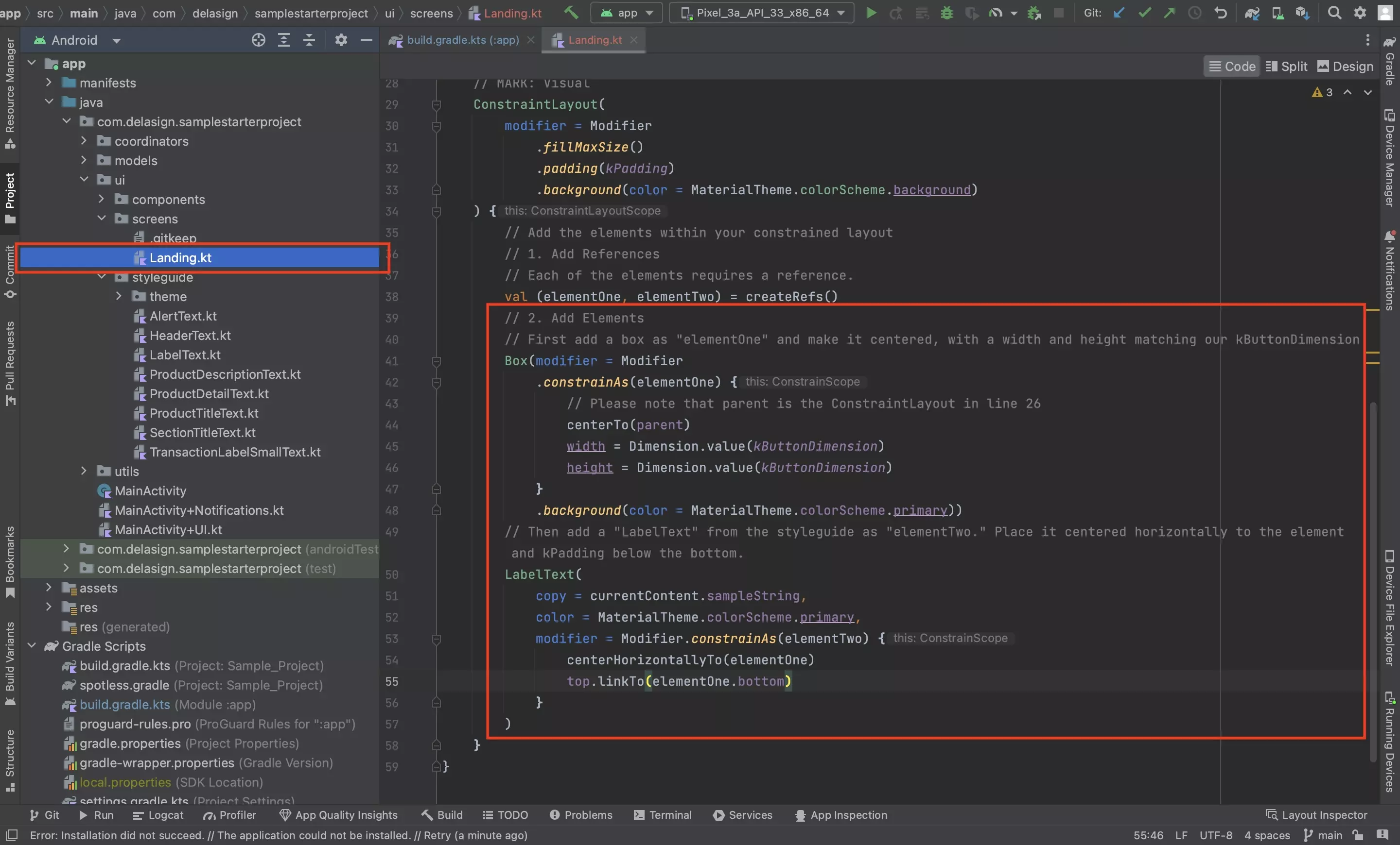 A screenshot of Android Studio showing you how to add elements to the constraintlayout. Sample code provided below.