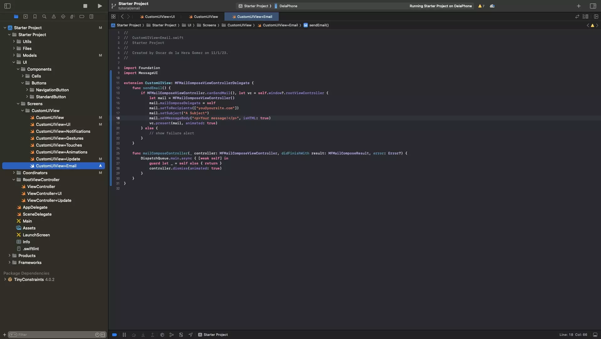 A screenshot of Xcode showing the Email extension for the CustomUIView.swift. Code available below.