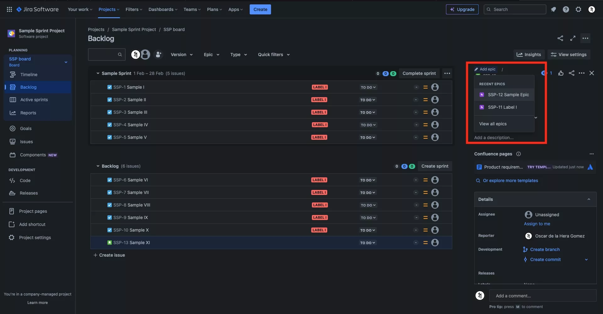 A screenshot of the JIRA backlog with a ticket selected. On the right hand side we have highlighted the "Add Epic" button that appears. Select it to open up a pop up that allows you to select the epic for the user story.