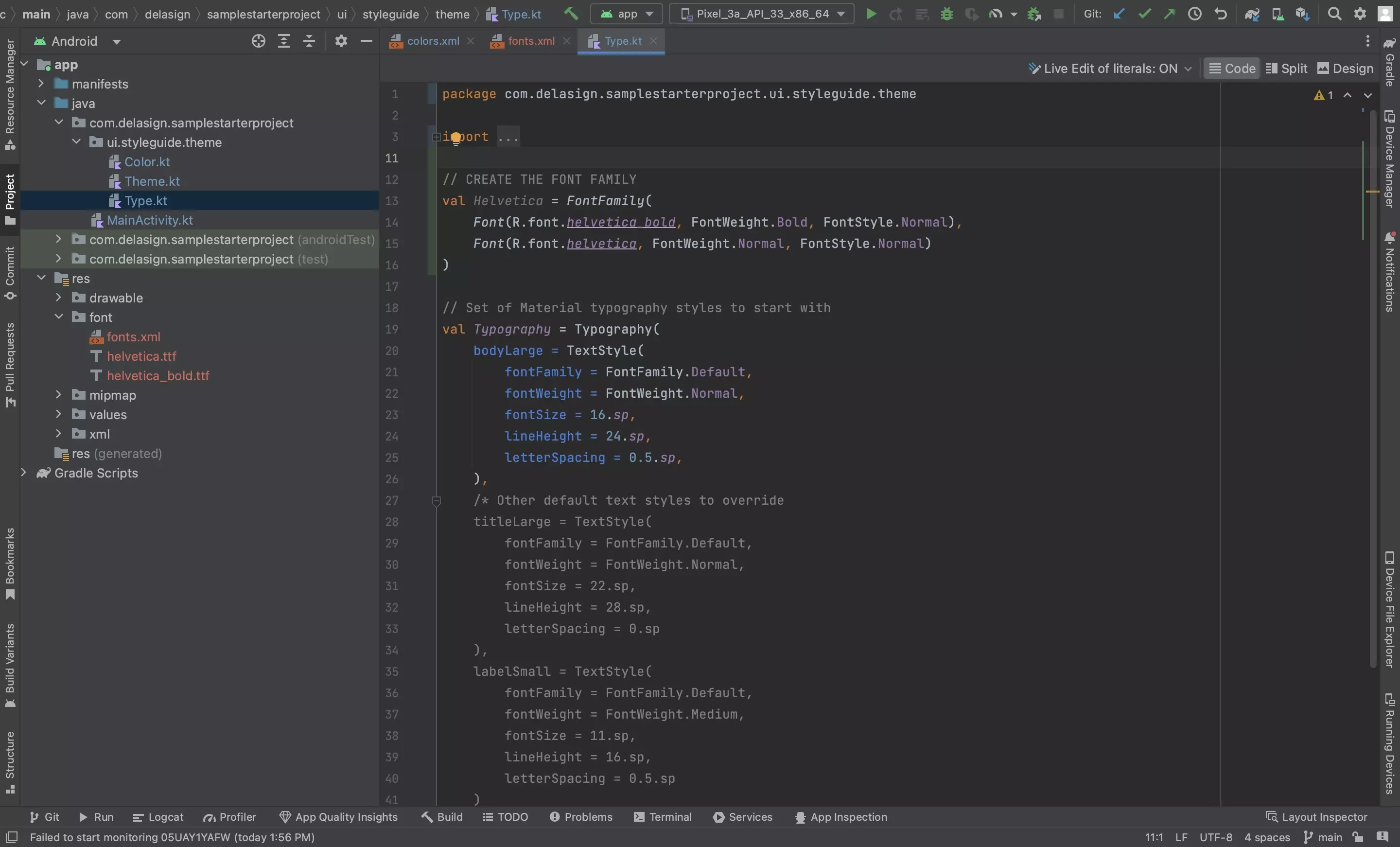 A screenshot of Android Studio showing the addition of the custom fonts from our Figma E-commerce guide.