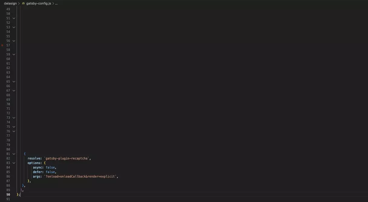 A screenshot of VSCode showing the gatsby-config.js file and how we have added the configuration for the gatsby-plugin-recaptcha that's provided below.