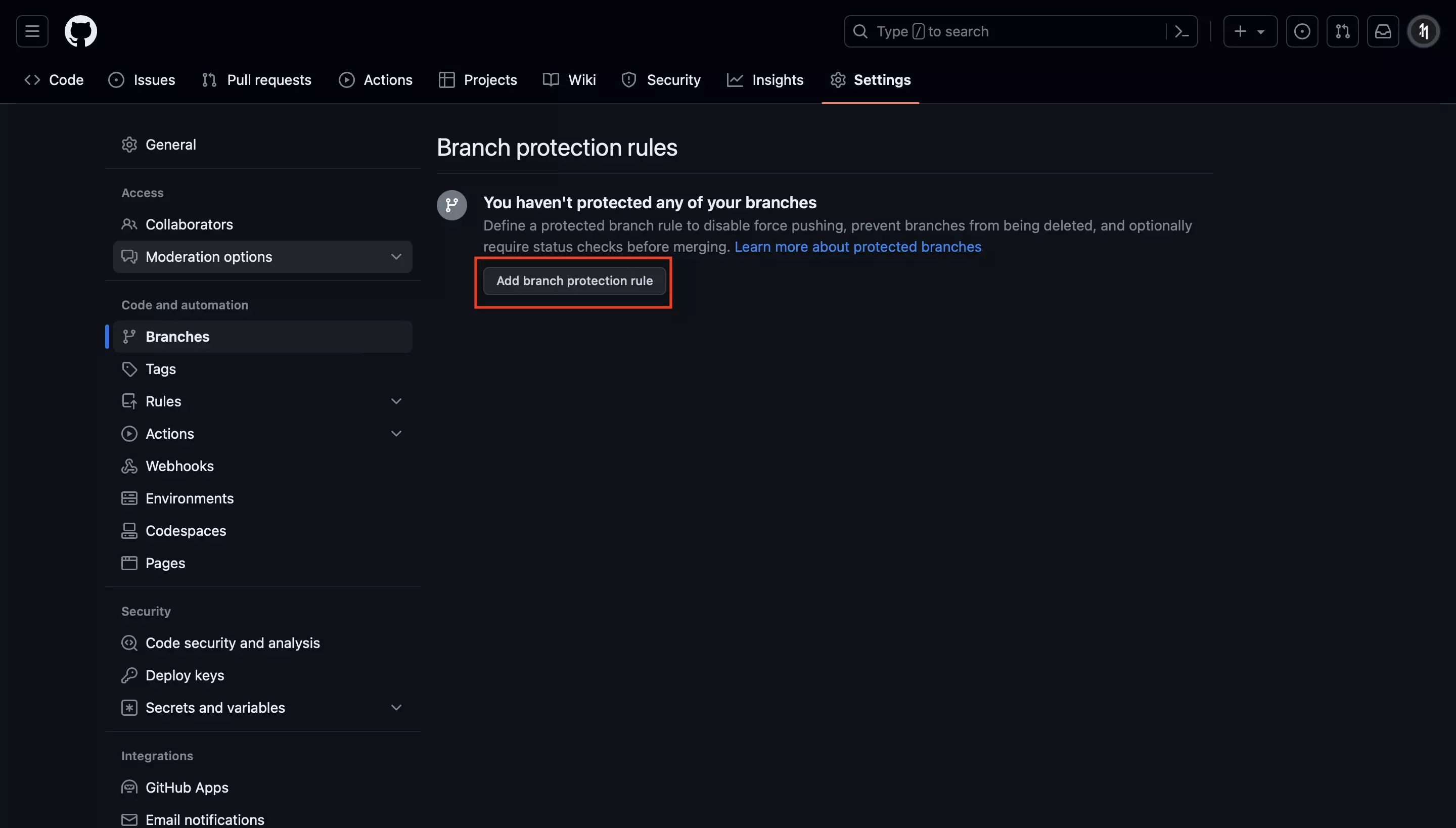 A screenshot of Github highlighting the "Add Branch Protection Rule" button in the branches settings page of a Github repository.