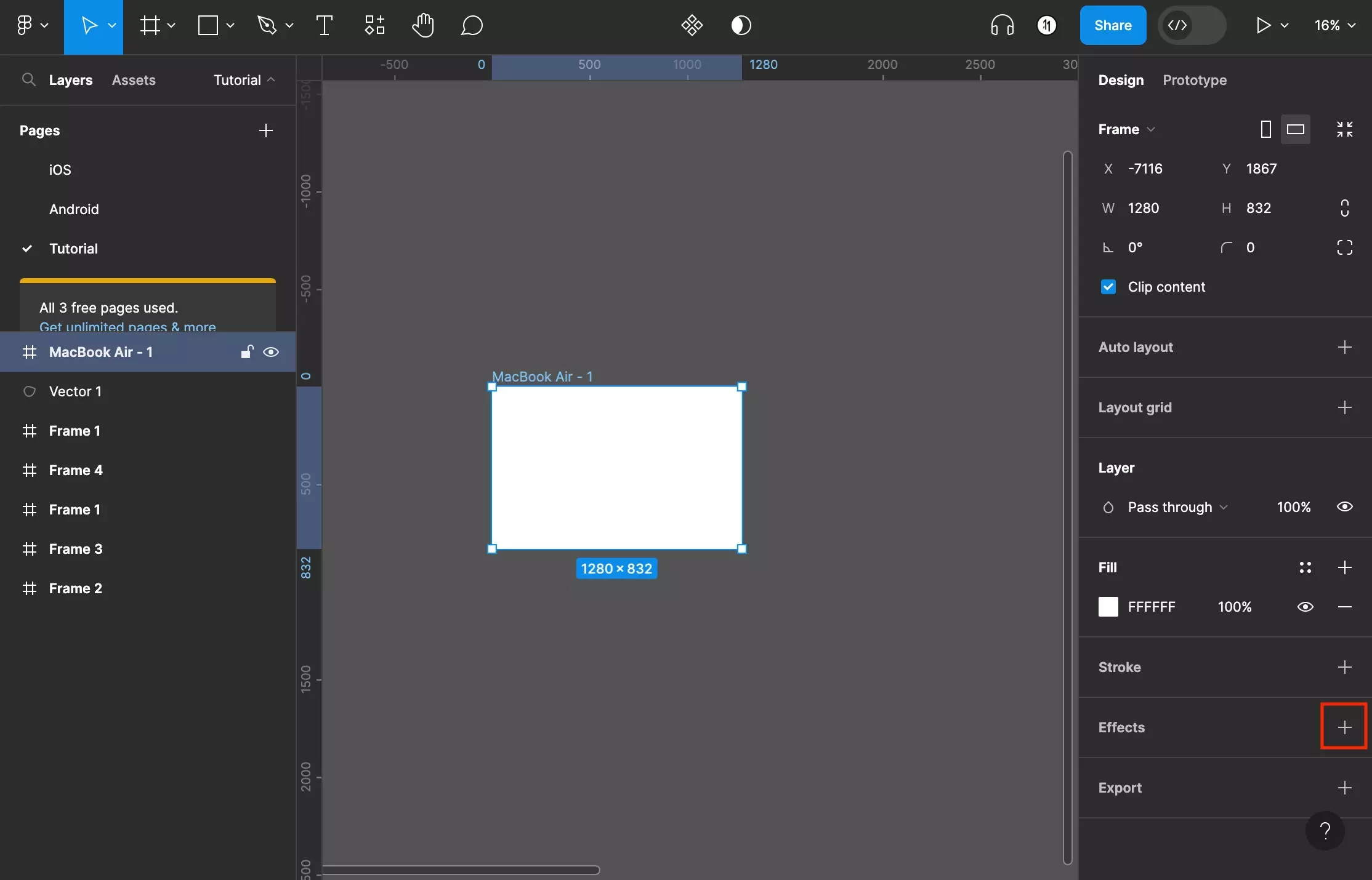 A screenshot of Figma that shows you a frame that has been selected. We highlighted the + button on the right menu side bar under the “effects” section. Click it to add a new effect.