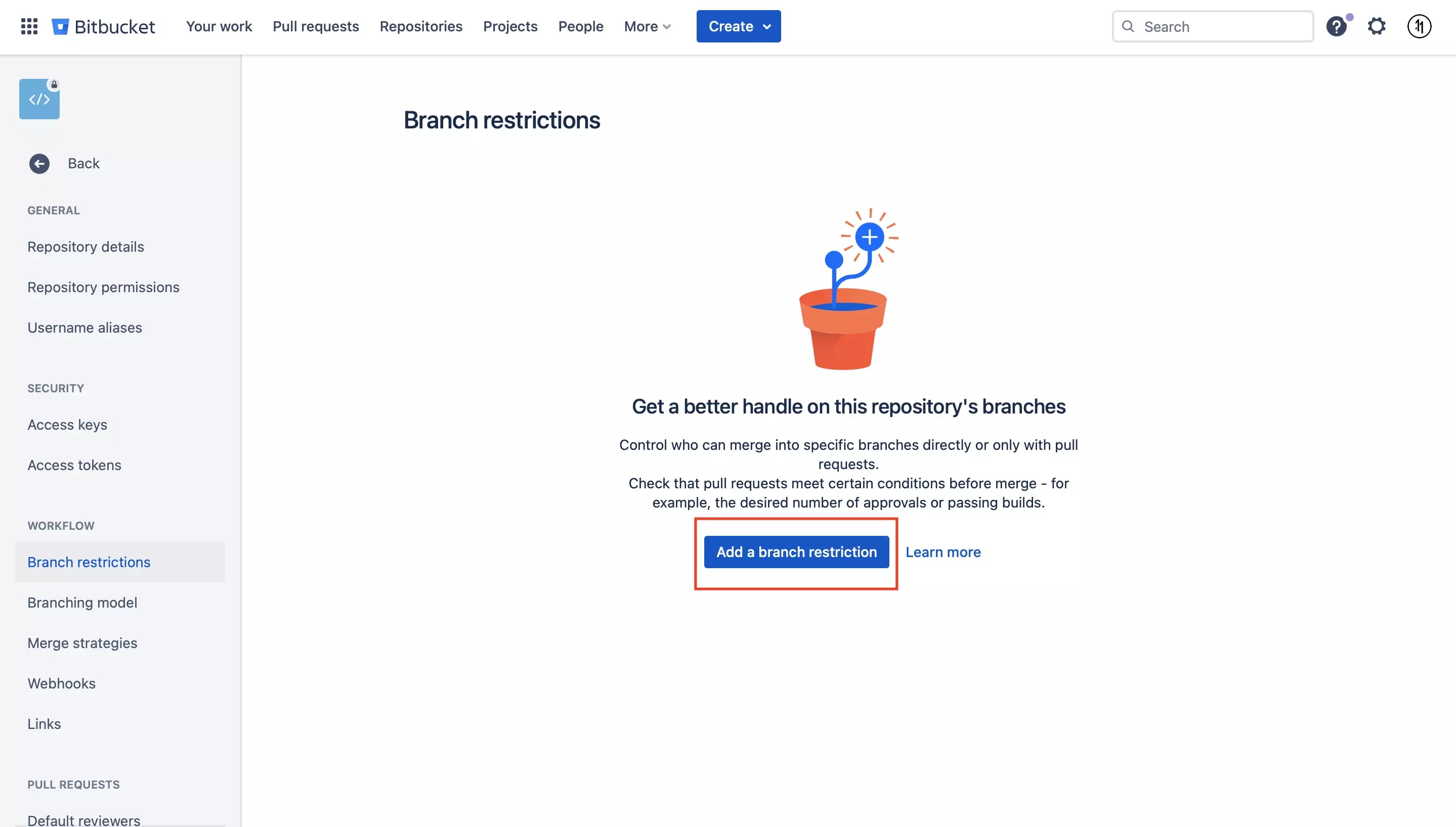 A screenshot of the Bitbucket Branch Restriction screen. It has no branch restrictions. We have highlighted the "Add Branch Restriction" button that appears on the center.