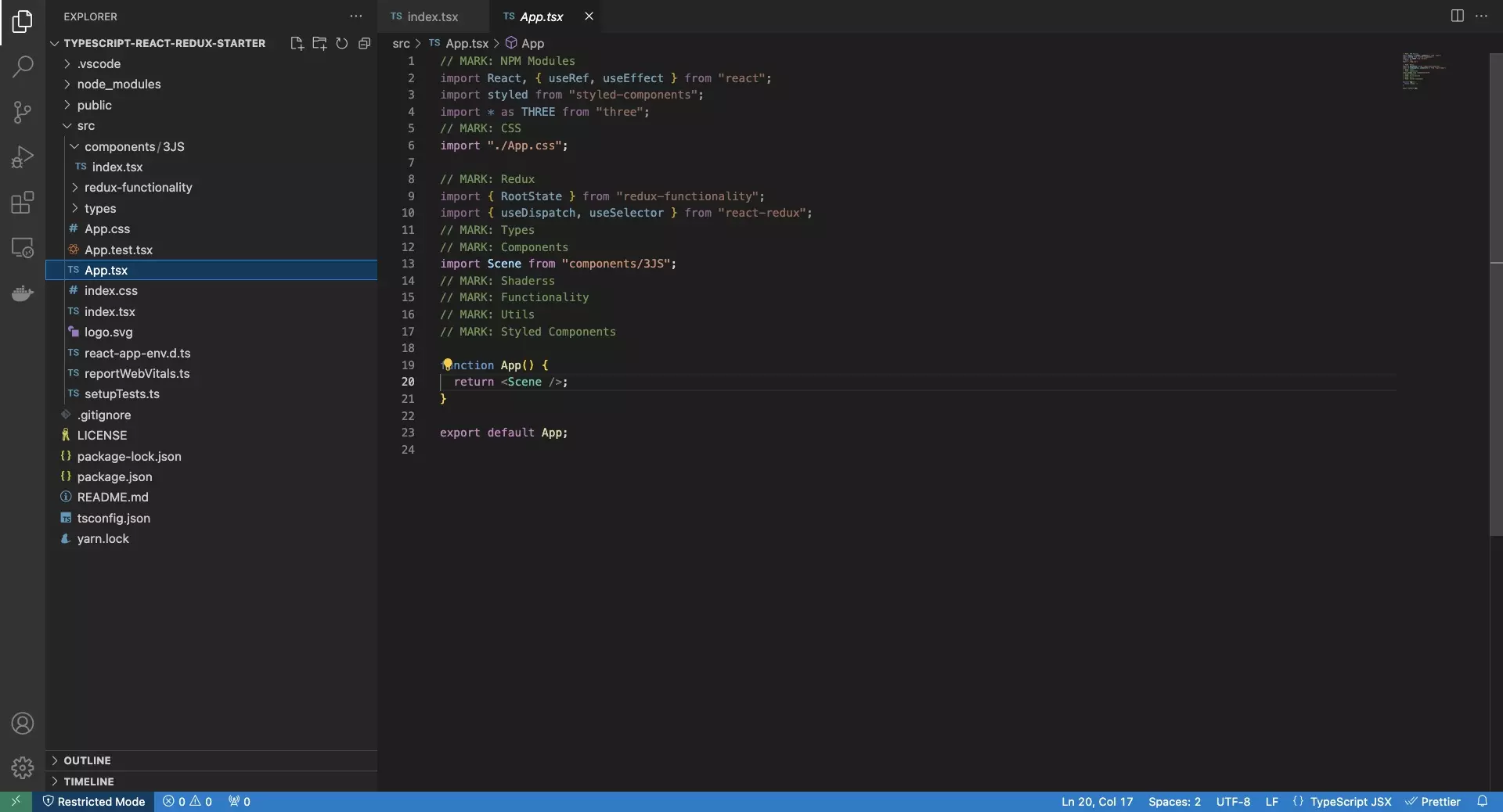 A screenshot of VSCode showing how we added the scene to the ReactJS app.