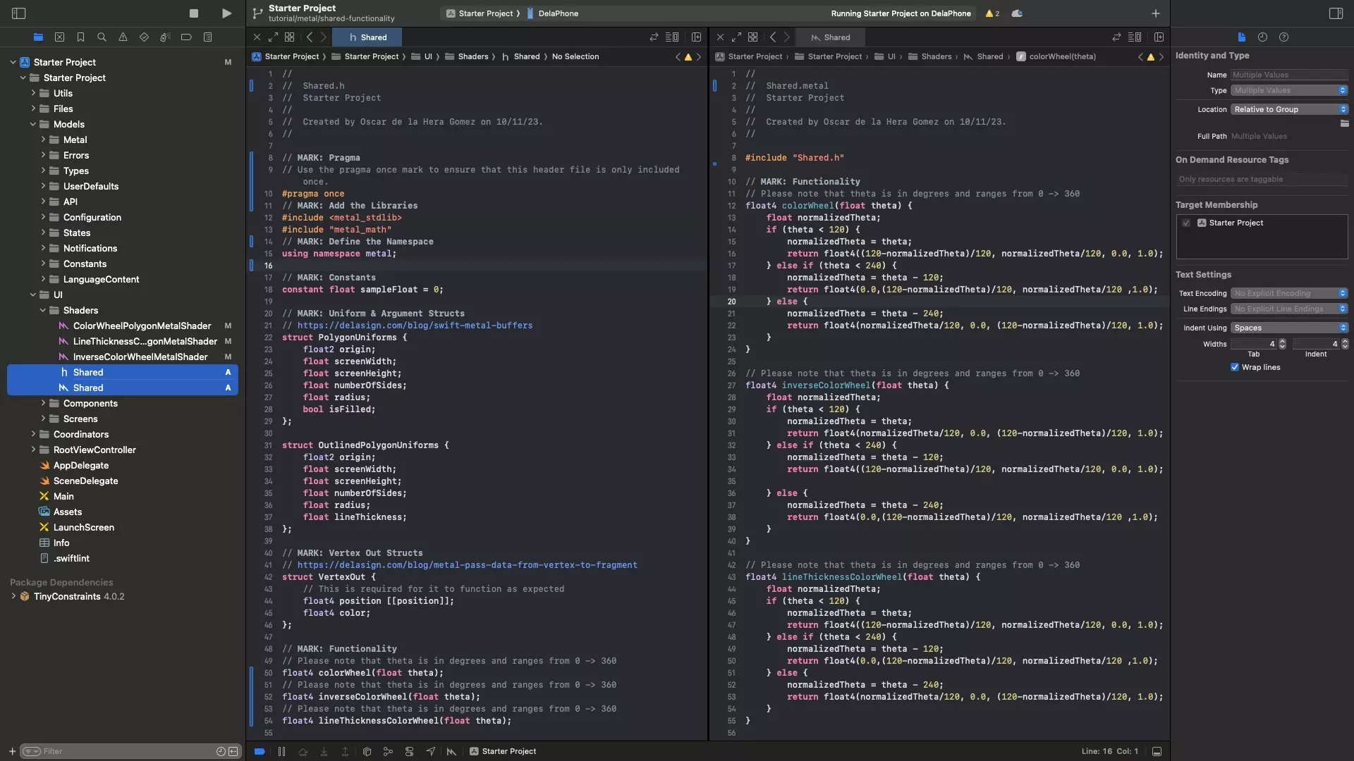 A screenshot of Xcode showing the how we have added the shared functionality to the Shared.h and Shared.metal file.