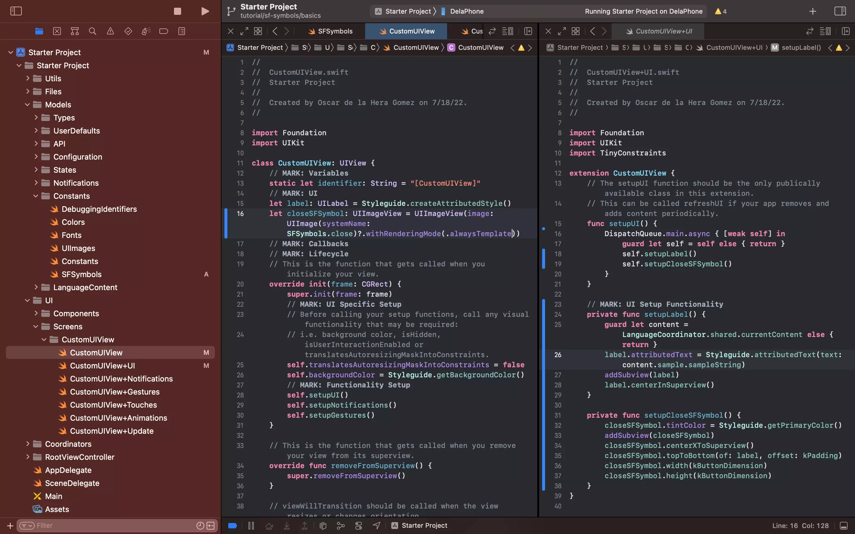 A screenshot of Xcode with a split screen that shows the code that is found below.