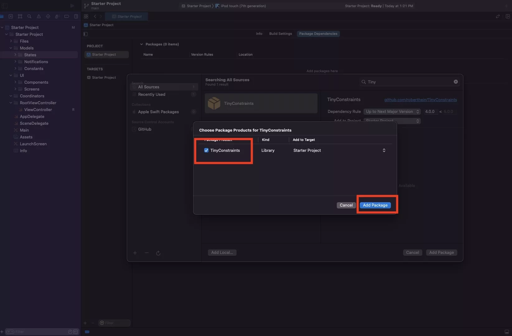 A screenshot showing you how to select and add package products to your project.