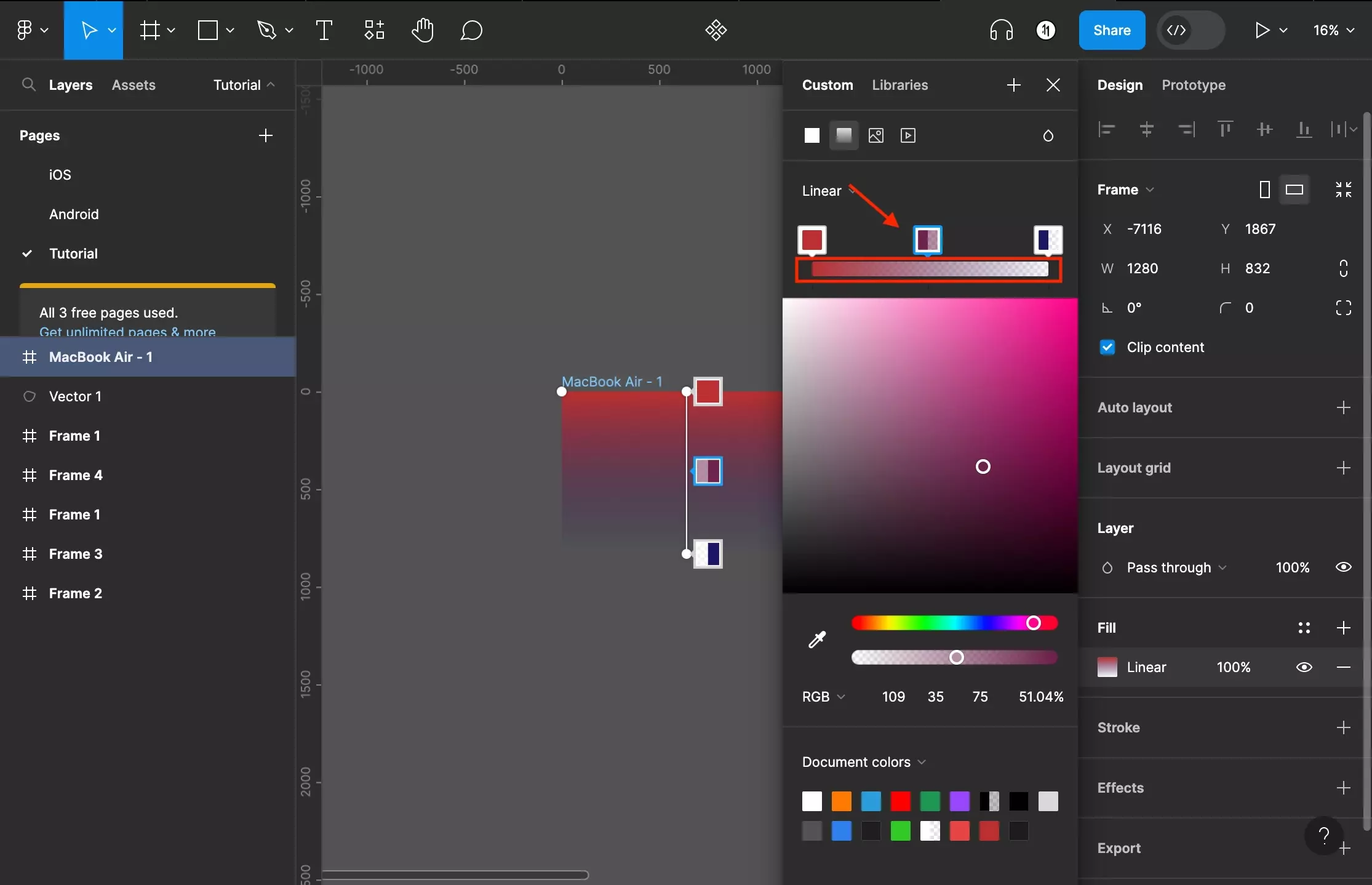 A screenshot of Figma that shows you how to frame that has been selected. The color menu is open and we have highlighted the gradient bar. If you click a point on the bar, it will create a new color for that point which can be adapted as demonstrated in prior steps.