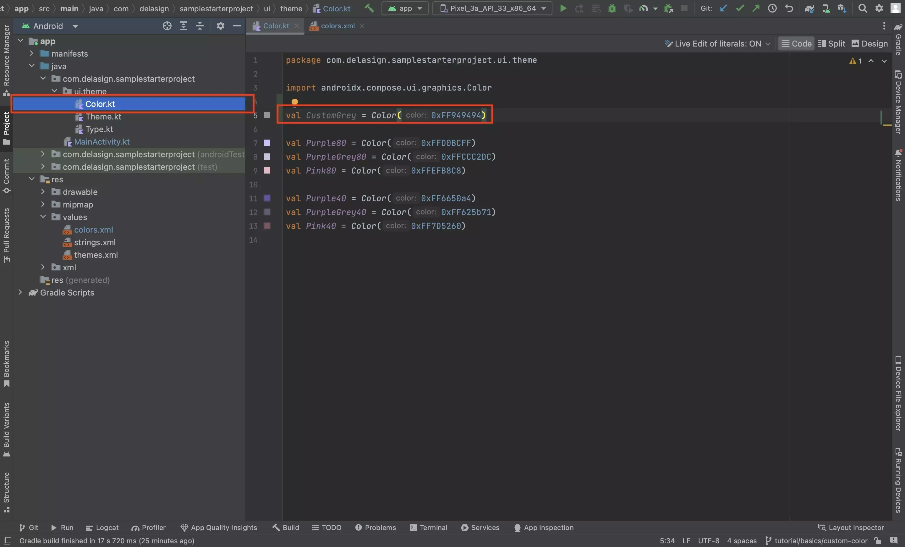 A screenshot of Android Studio showing the color.kt file with a highlight on the newly added value.