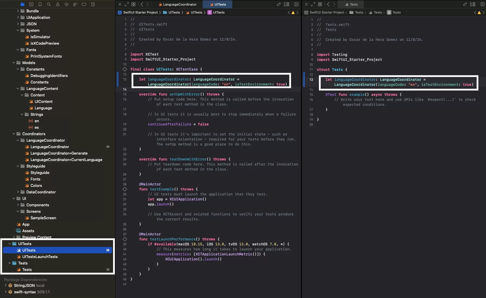 A screenshot of XCode showing how we have initialized the LanguageCoordinator in the test files. The initializers set the isTestingEnvironment to true in the initializer.