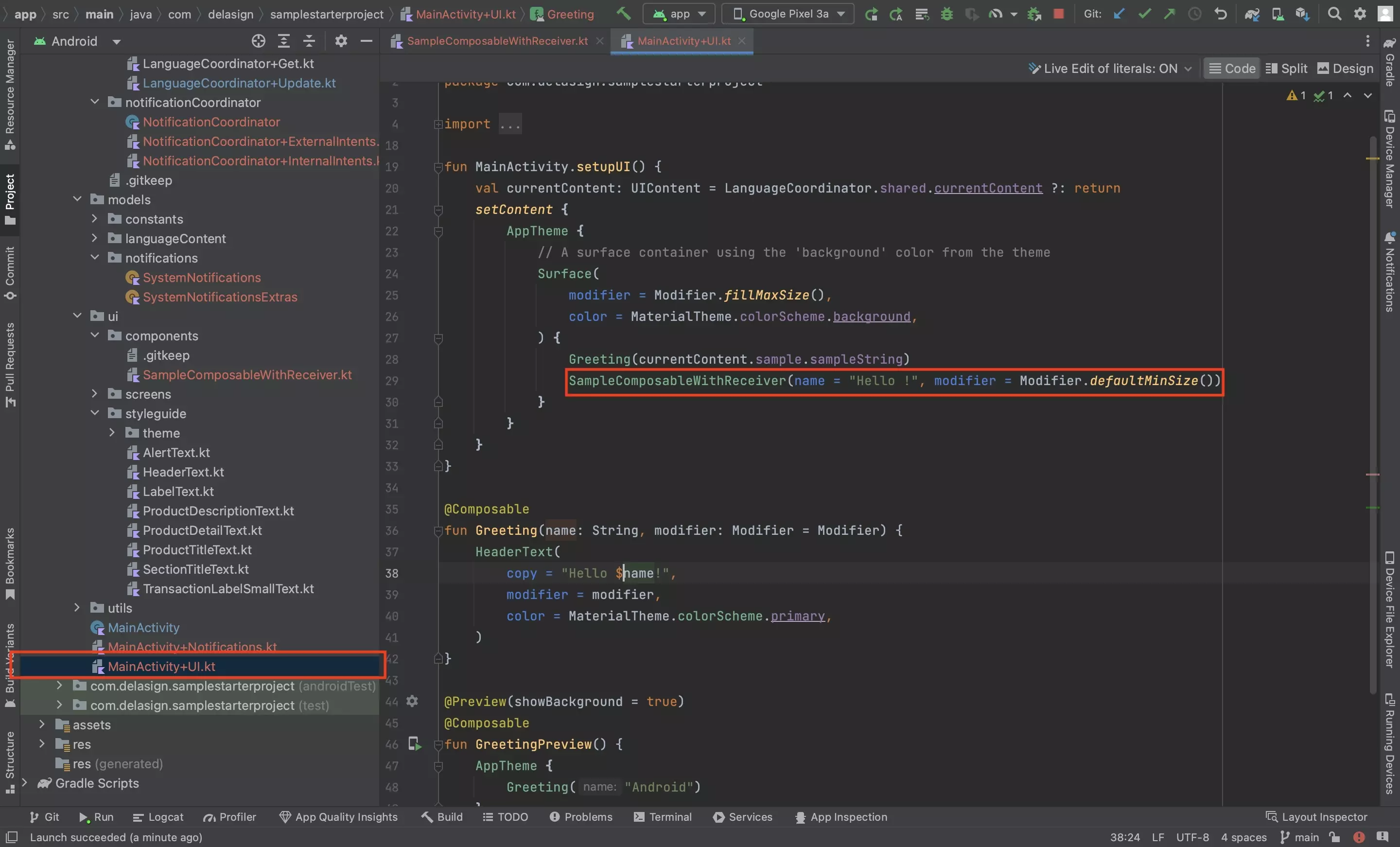 A screenshot of Android Studio showing us adding the composable to the UI.