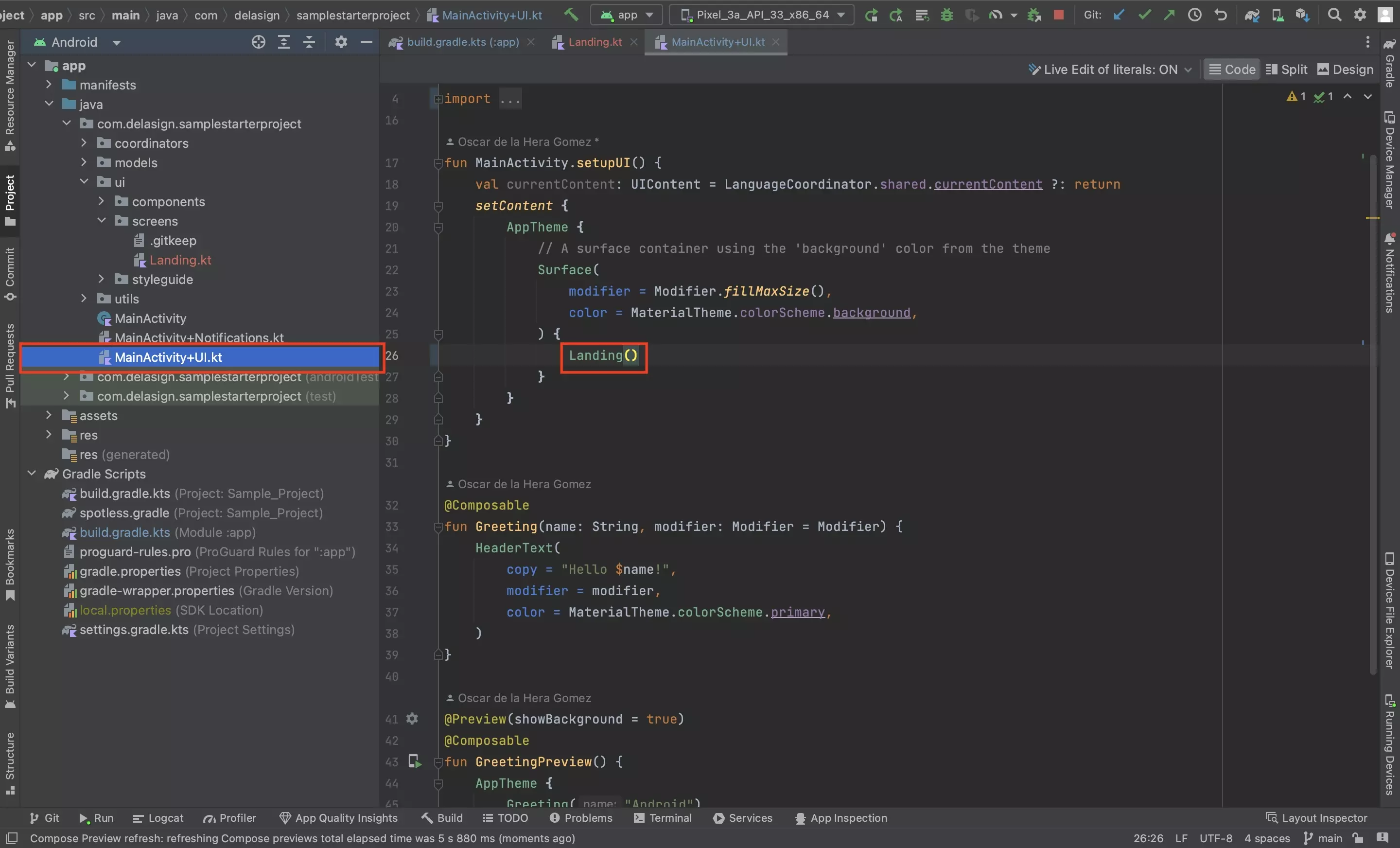 A screenshot of Android Studio showing how we added the composable to the UI of the MainActivity.