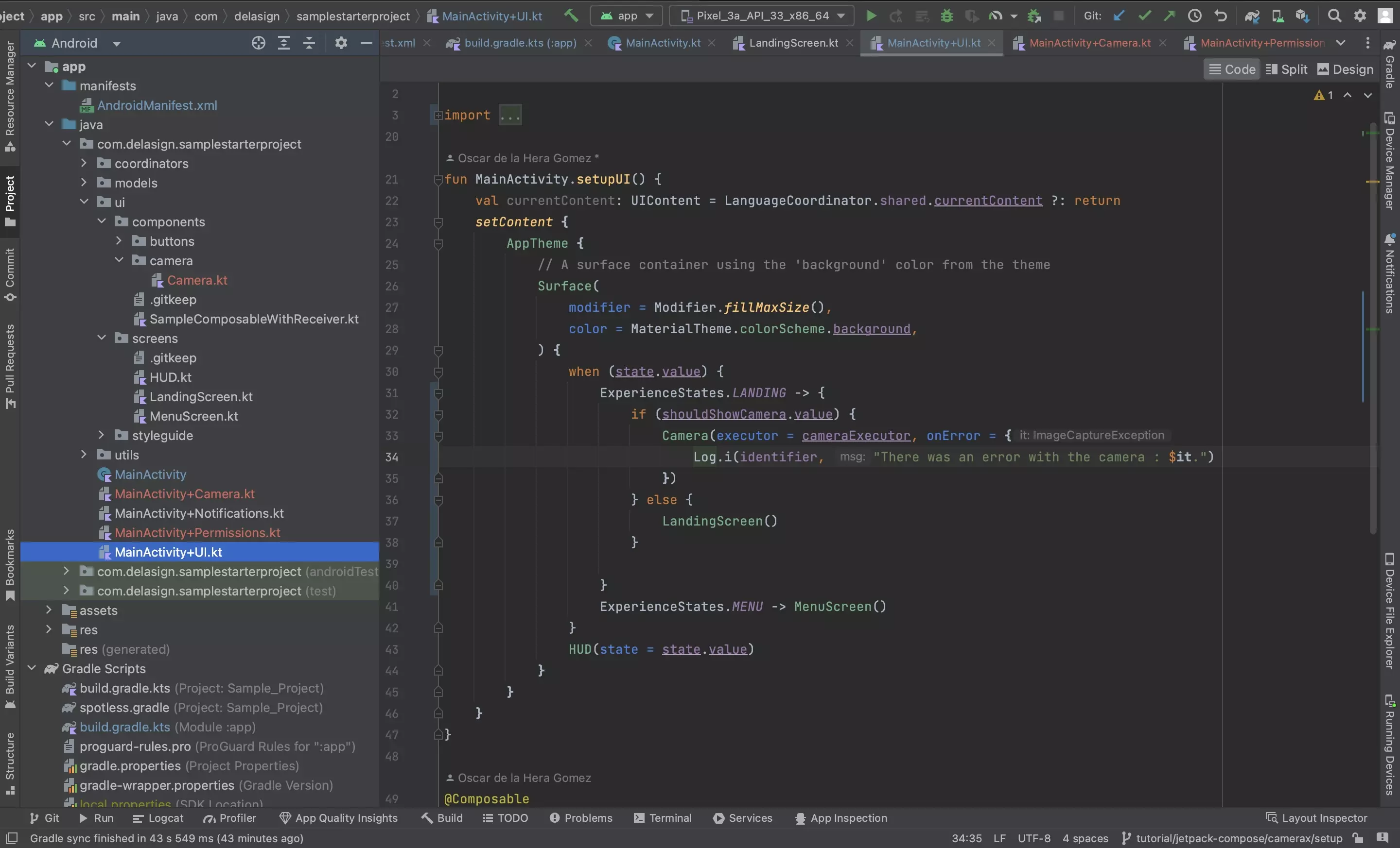 A screenshot of Android Studio showing how to add the CameraX Composable to the MainActivity UI.