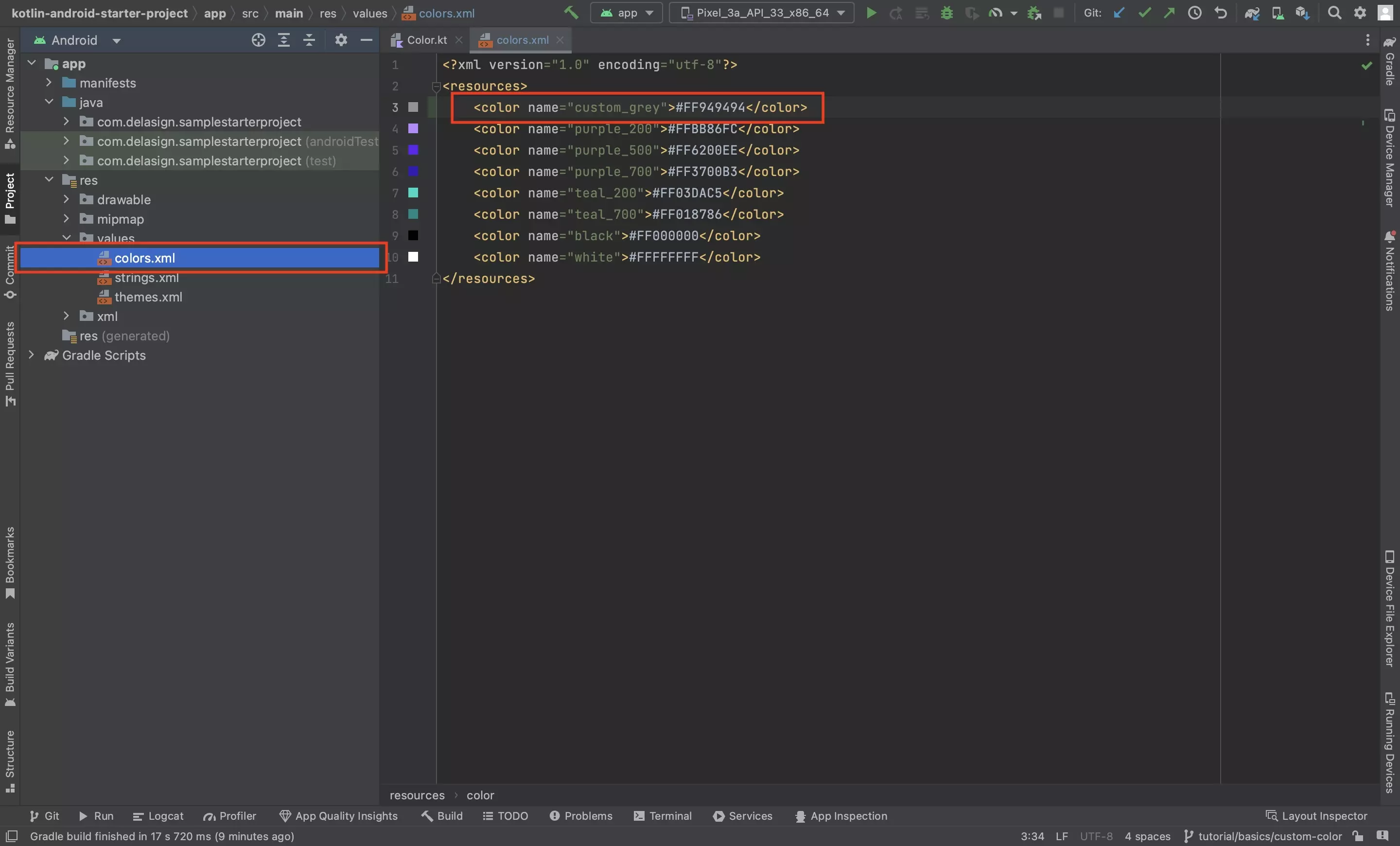 A screenshot of Android Studio showing the color.xml. We have highlighted where we have added the custom color, using the code that is available below.