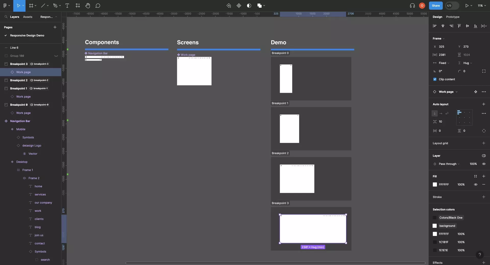 A screenshot of Figma that highlights how you can stretch the work page component between the minimum and maximum width of the breakpoint by dragging the edges around the component.