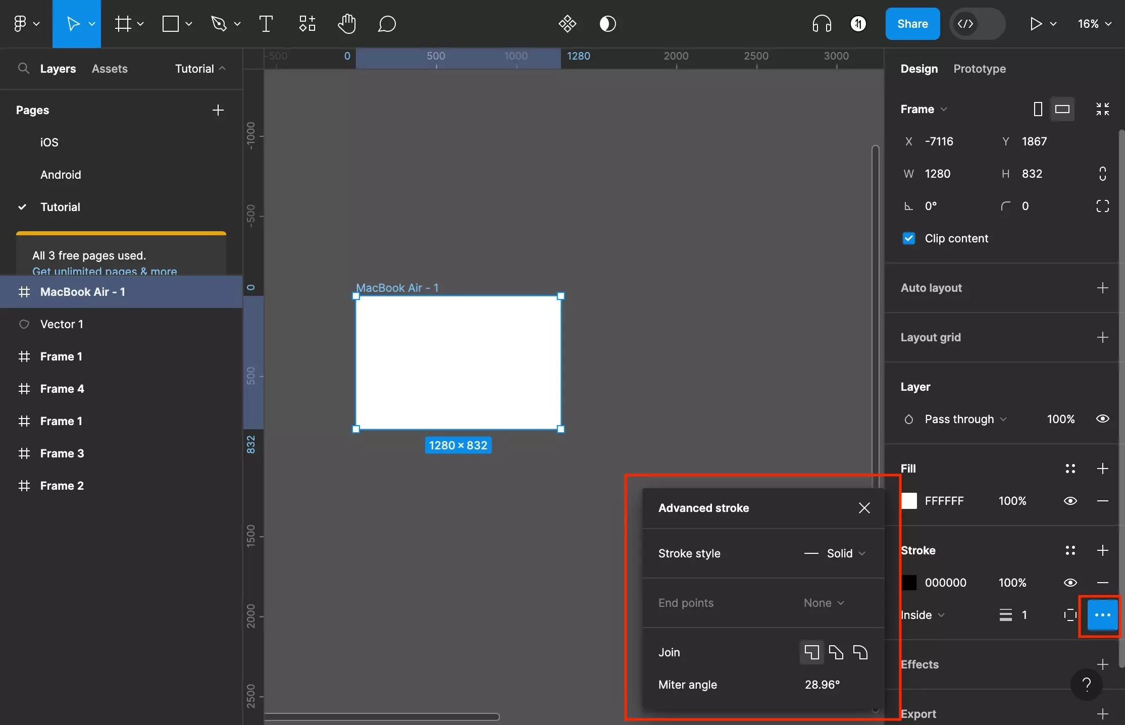 A screenshot of Figma that shows you a frame that has been selected. We have added a stroke and have highlighted how to open the advanced stroke menu - it can be done by clicking the three dots on the bottom left of the stroke. The menu that appears has also been highlighted and shows you how you can change the stroke style using a dropdown, the endpoints (on a path only), the join or the mitre angle.