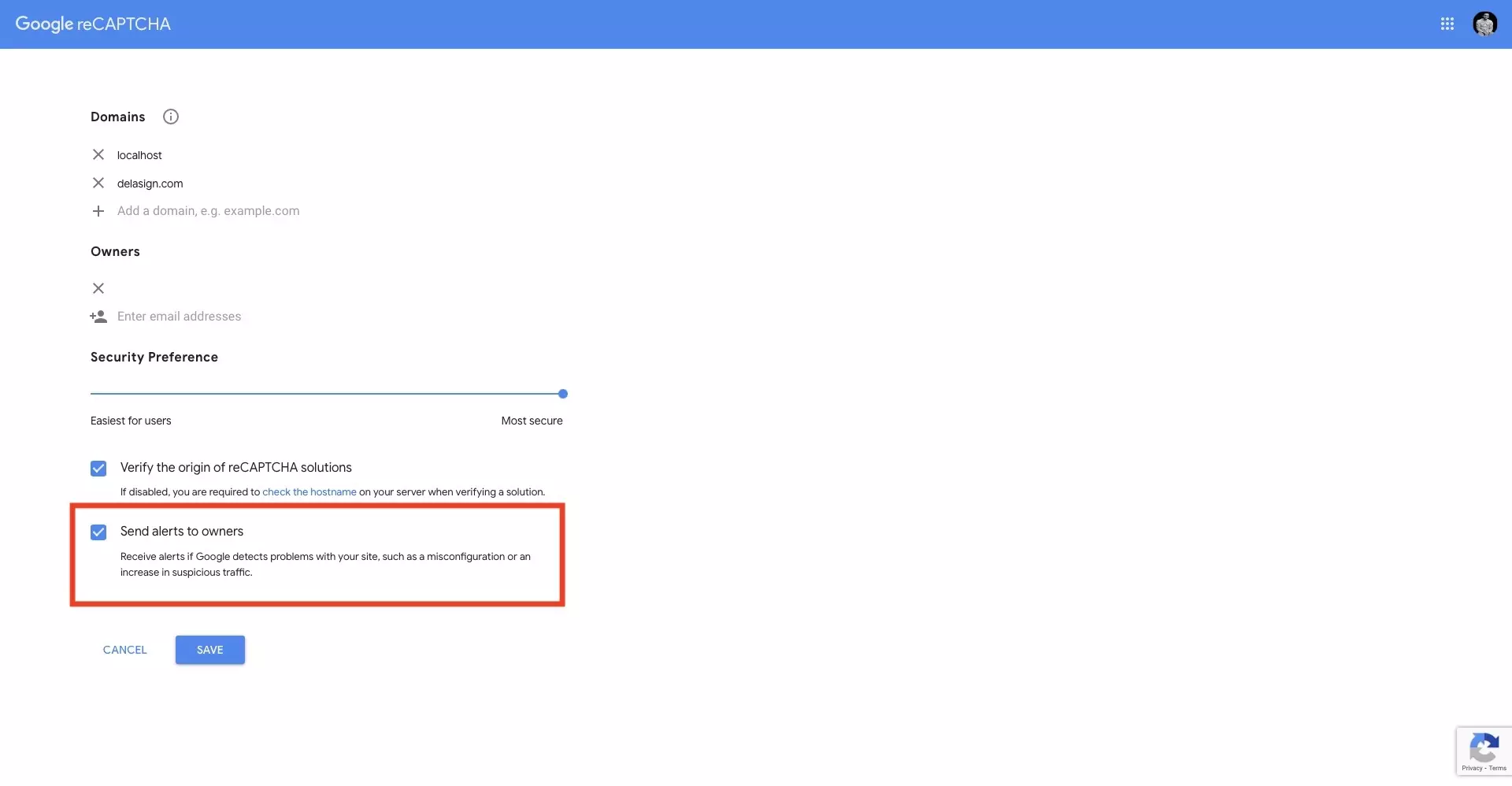 A screenshot of the Google reCAPTCHA v2 site settings page. We have highlighted the "send alerts to owners" checkbox that appears at the bottom of the page.