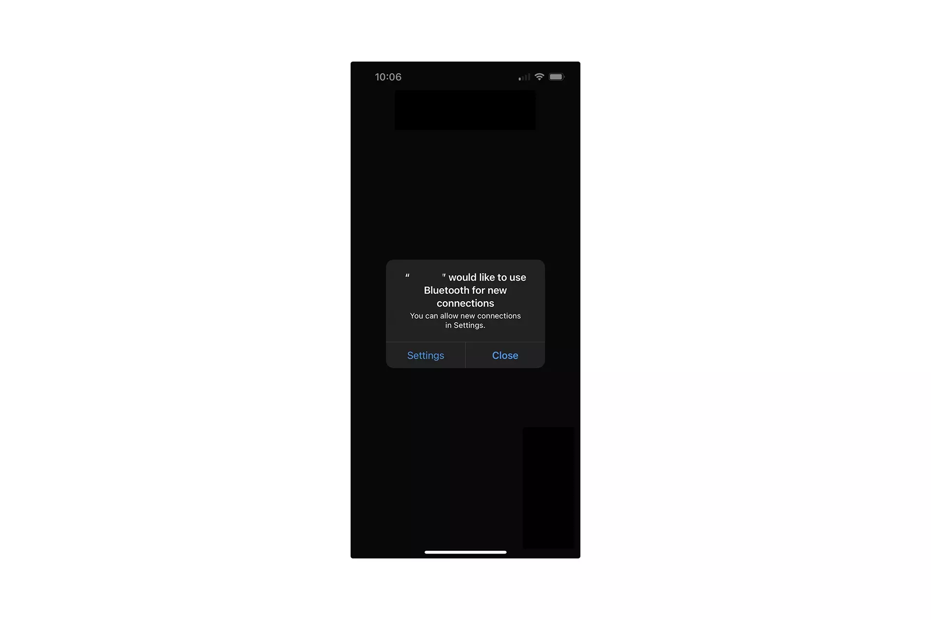 A screenshot of an iPhone app showing the alert that appears if an app tries to access Bluetooth when permissions are denied or Bluetooth is turned off. It states "The app would like to use Bluetooth for new connections. You can allow new connections in Settings." It also offers two buttons - "Settings" and "Close." If you press the settings button, it takes you to the settings for the App, whilst pressing the close button closes the modal.