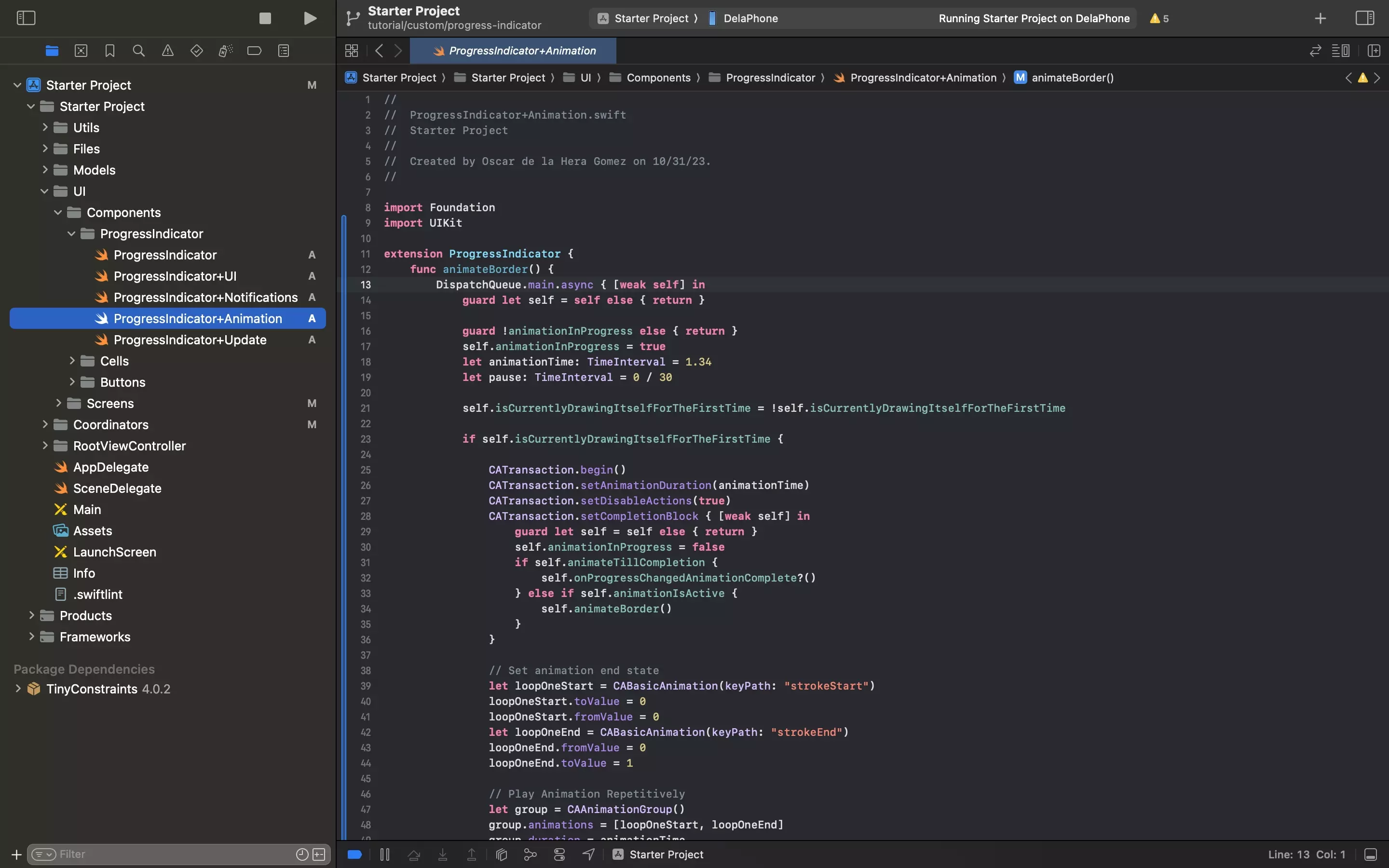 A screenshot of XCode showing the ProgressIndicator+Animations.swift file. Code available below.