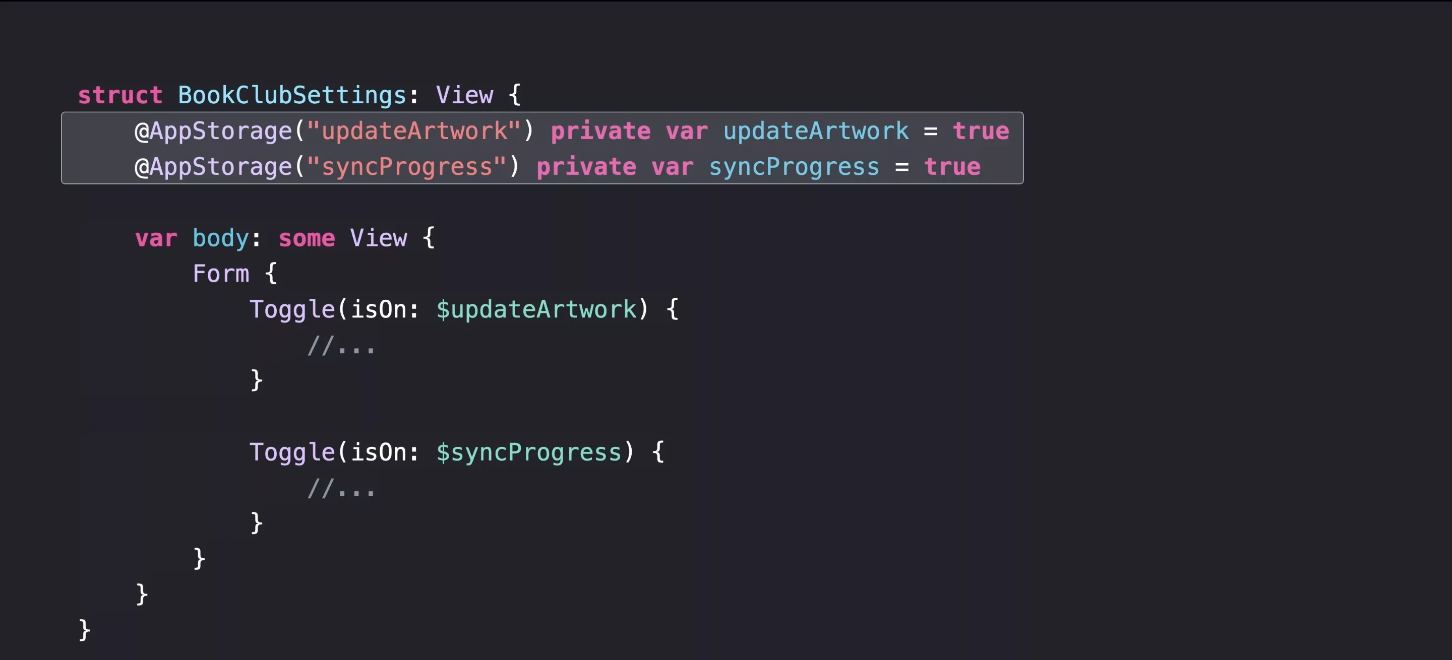 An example use of AppStorage in a SwiftUI view.