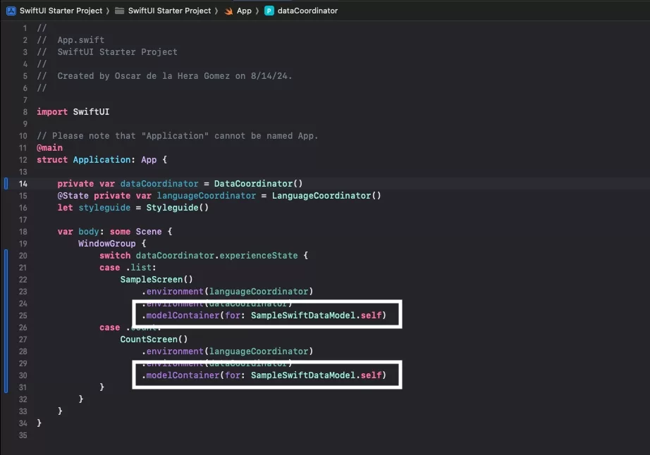 A screenshot of the App struct within our open source project. Highlighted is how we have applied model containers to views within the app.