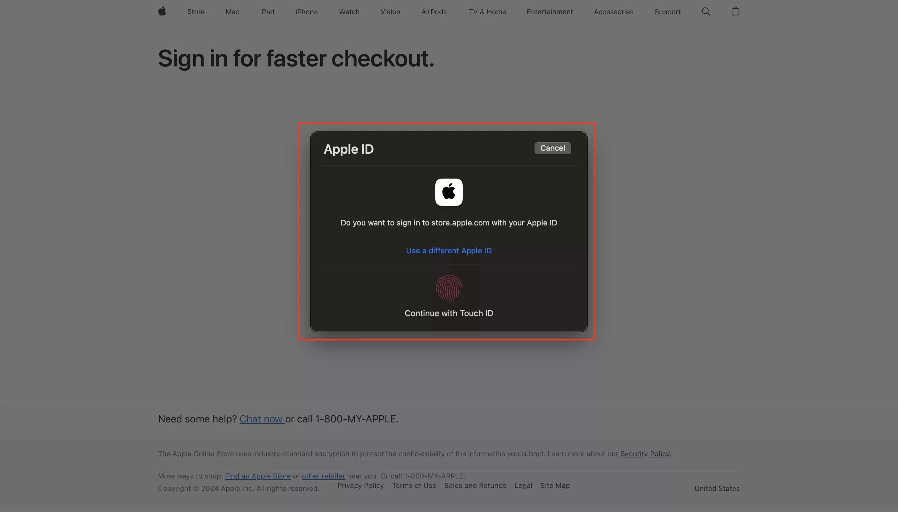 A screenshot of Apple.com showing the Apple Sign in modal that appears if you try to sign in. To make this work, use the biometric sensor on the Mac.