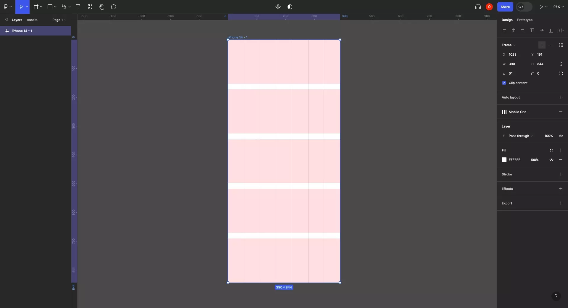 A screenshot of Figma showing that the grid style has been applied to the frame.