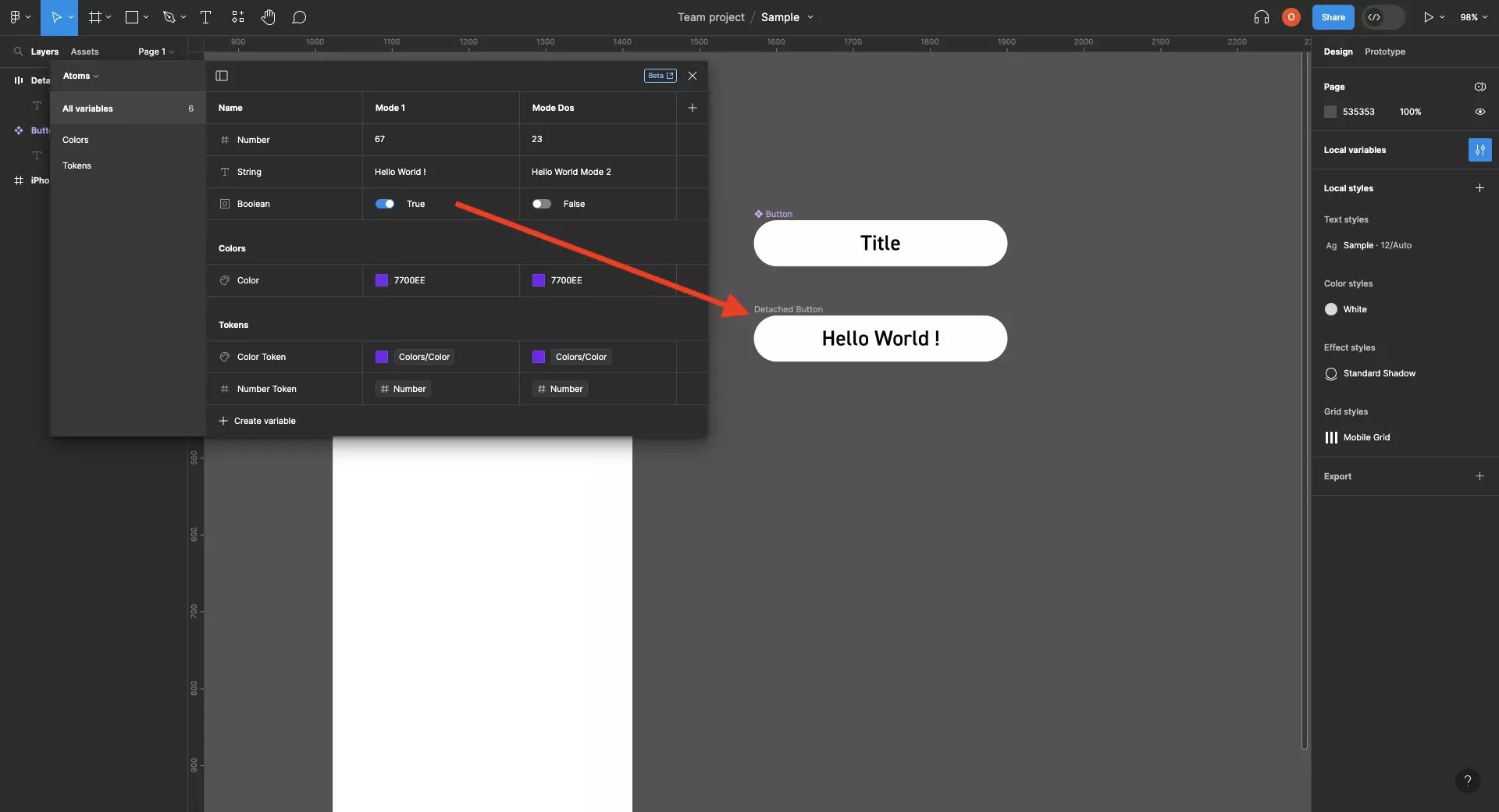 A screenshot of Figma showing that the boolean variable has been applied. The variables window is open and it shows that as it is set to true, the UI element is visible.