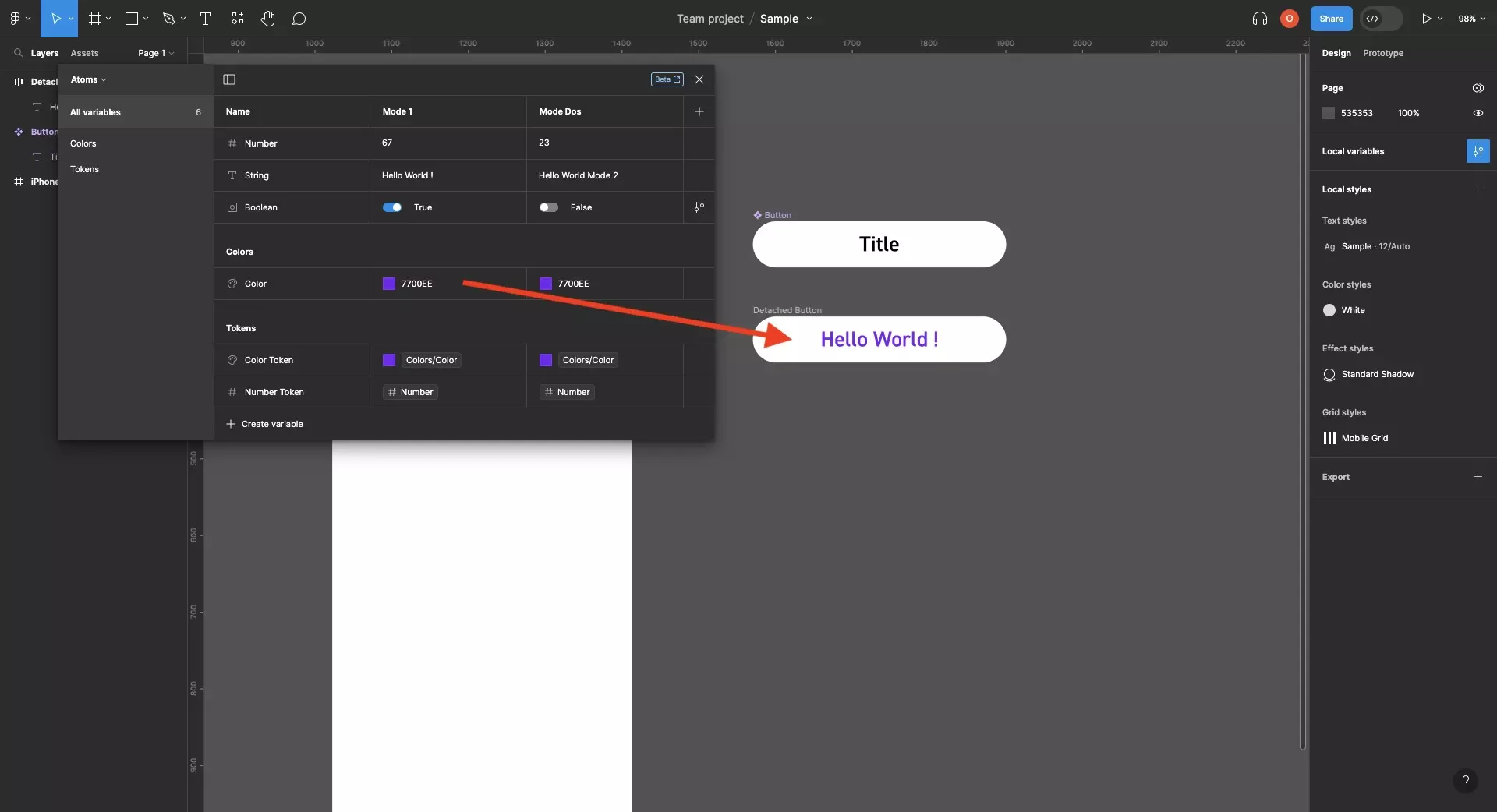 A screenshot of Figma with the Variables window open showing that a variable has been applied to the UI element.