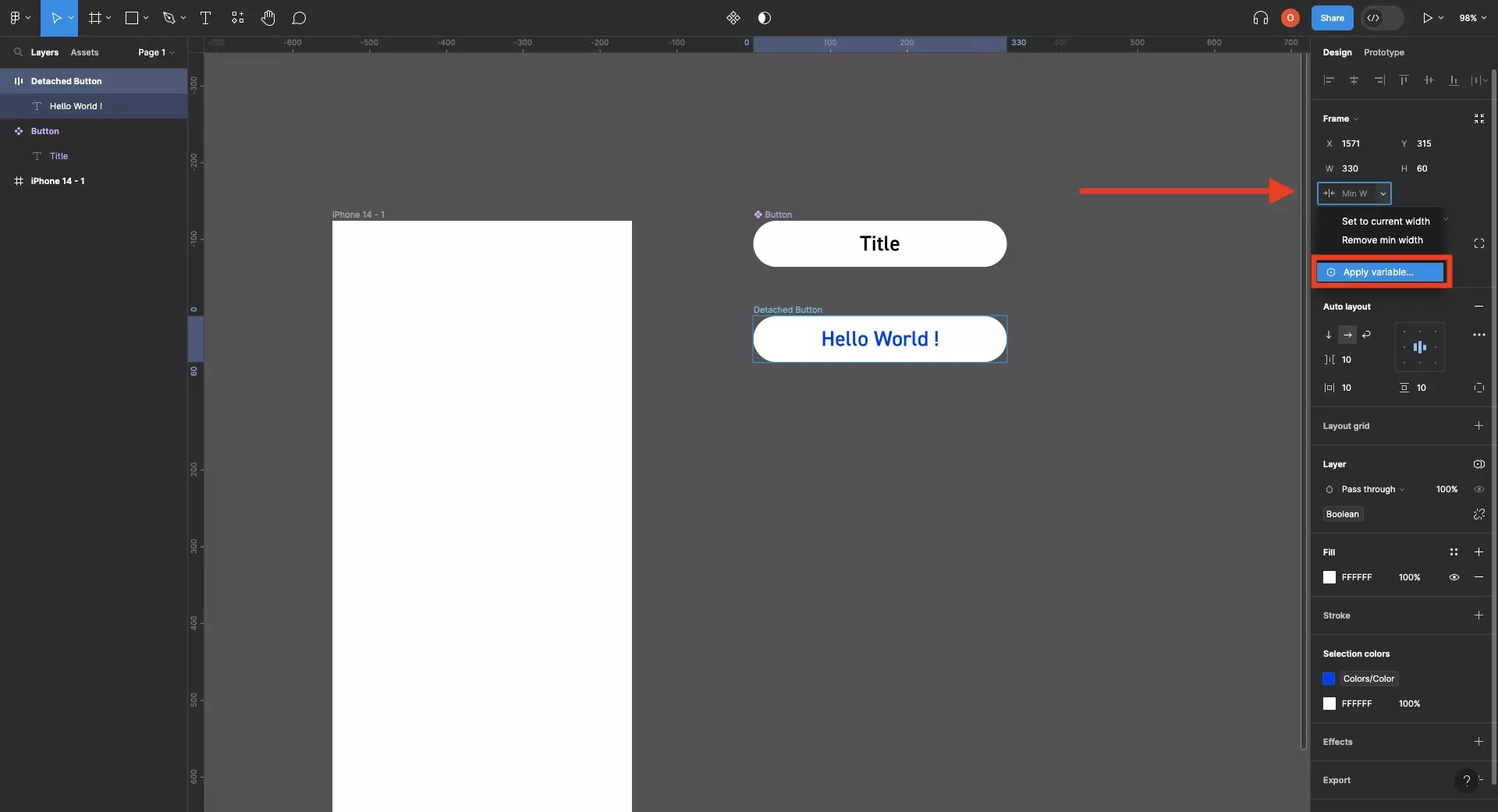 A screenshot of Figma that shows that if, after you create a minimum width for a frame, if you select the dropdown next to it, you can apply a variable using the same mechanism as described above (i.e. pressing the Apply Variable menu option in the menu that appears..