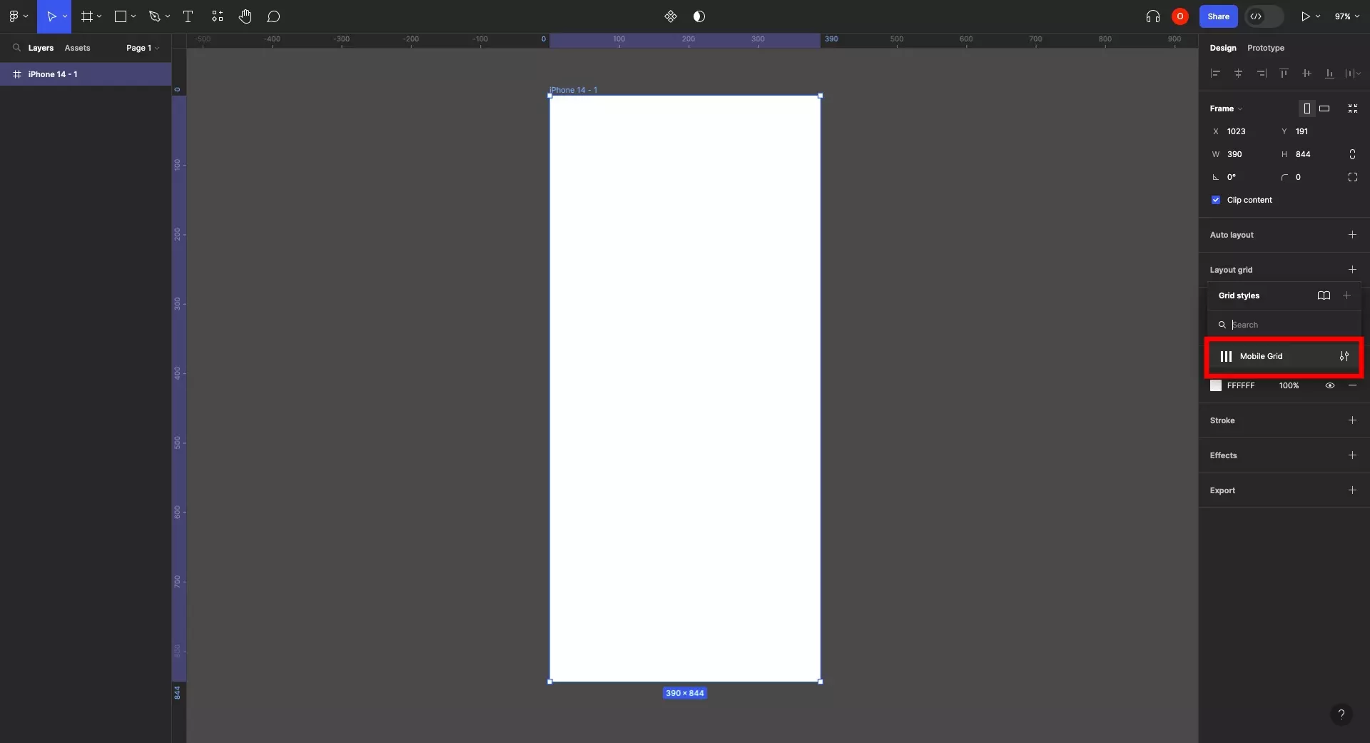 A screenshot of Figma with a frame selected. We have opened the Grid Styles menu and have highlighted that the style that we created appears. This menu will show the style that you created. Select it to apply the style to the frame.