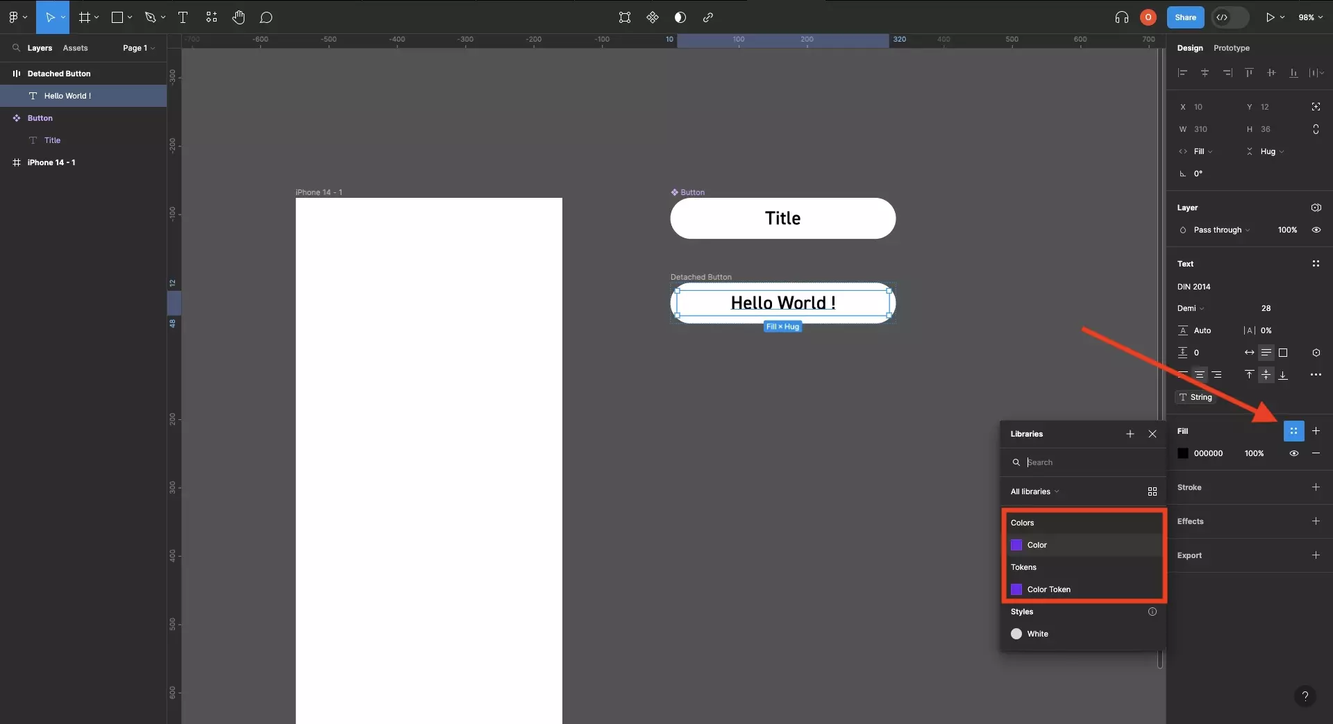 A screenshot of Figma with a UI element selected. We have highlighted how if you press the four squares (i.e. Color styles menu) icon under fill or stroke, that a menu will appear that allows you to select a variable to apply to the color.